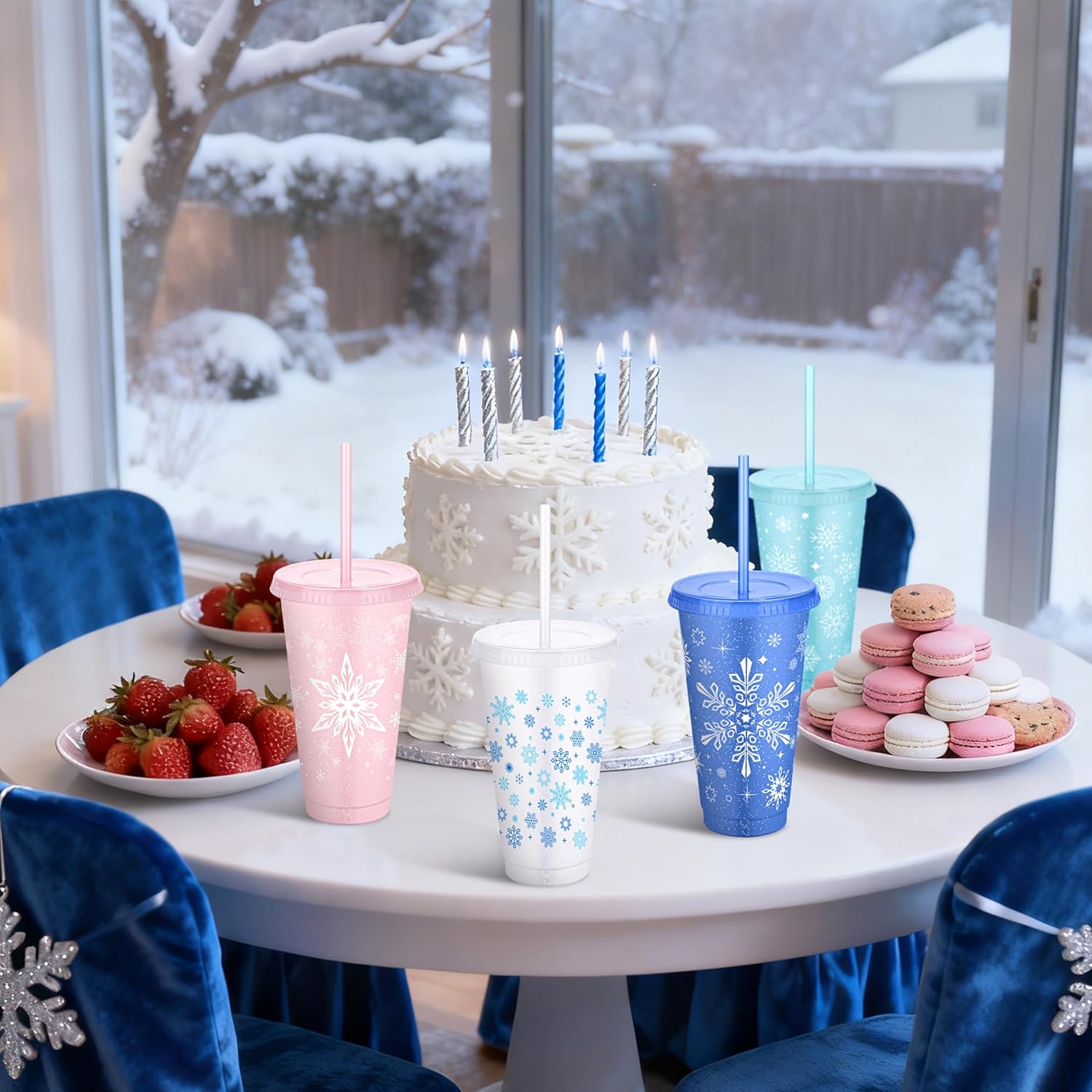Kochorie 48 Pieces Snowflake Party Favors Cups Set 24 Oz 24 Frozen Themed Cups with Lids & Straws 24 Silicone Bracelets Reusable Plastic Tumblers for Winter Theme Holiday Birthday Party Supplies