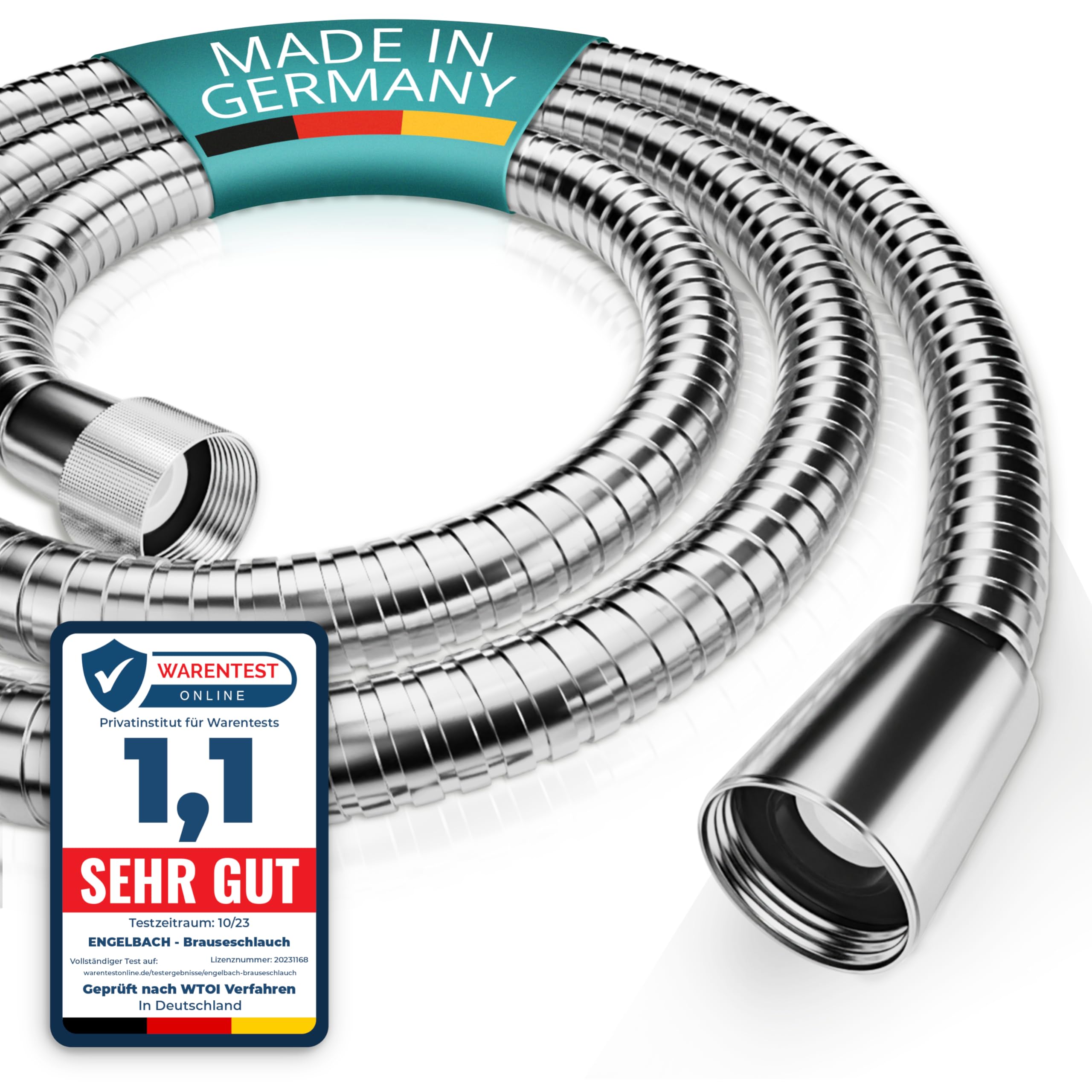 Engelbach® Duschschlauch 1,5m aus Edelstahl - Brauseschlauch mit Standard Anschluss - Flexibel & Trinkwassergeprüft - Made in Germany
