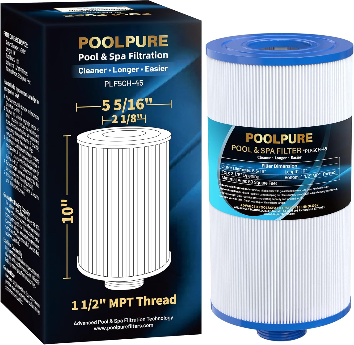 POOLPURE Replacement Filter for PFF50P4, Unicel 5CH-45, Filbur FC-2401, Baleen AK-90108, Legend 090164055428, PFF50 W/PAD, PFF50-PAD4, PFF50P, SD-00363, 45 sqft Filter Cartridge