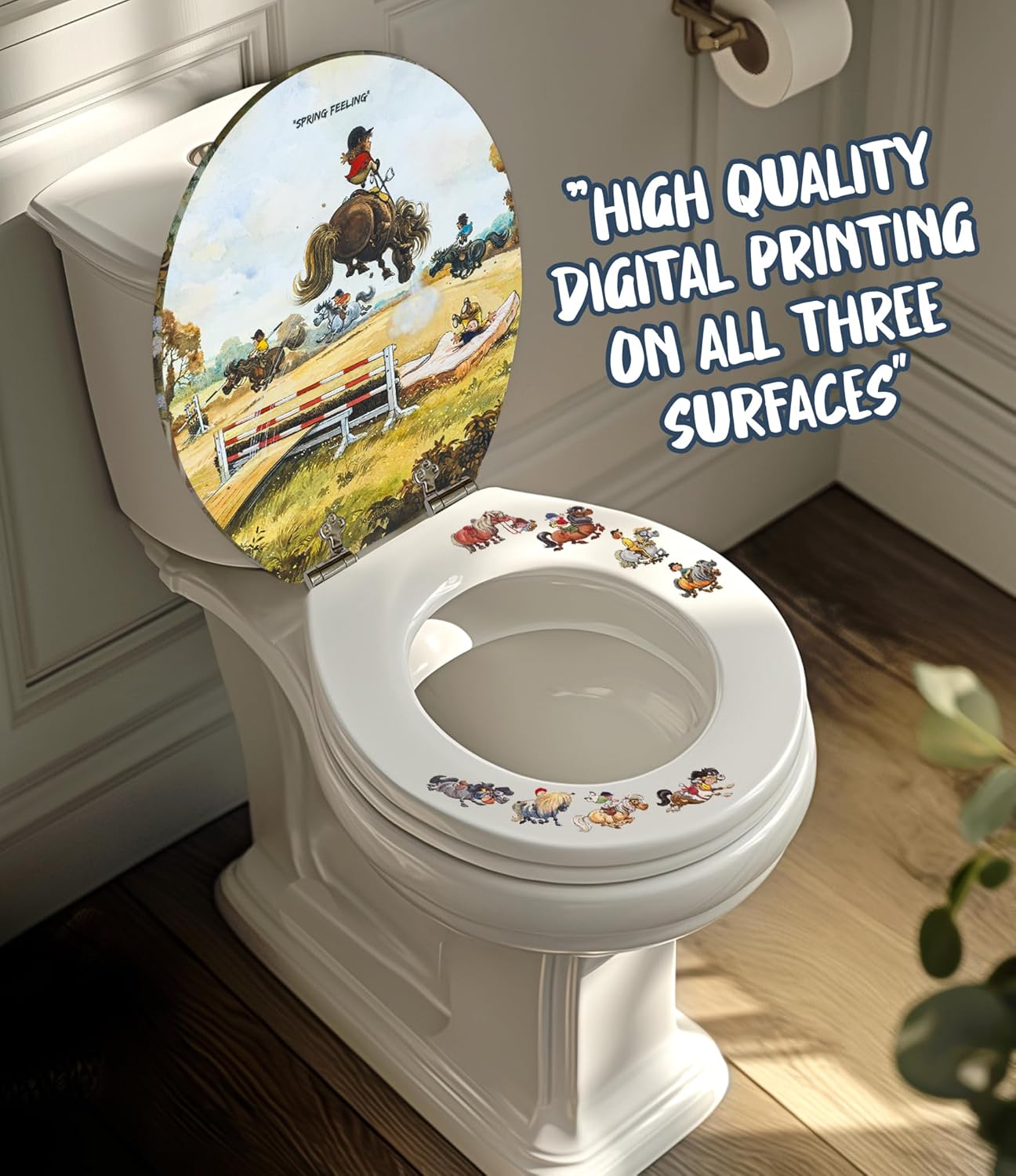 British Fun Novelty Toilet Seat Soft Close,Top & Bottom Fixing,Printed On 3 Surfaces With Thelwell Riding School Artworks. Unique Charming Decor & Gift Idea For Equestrian Homes & Horse & Pony Riders.
