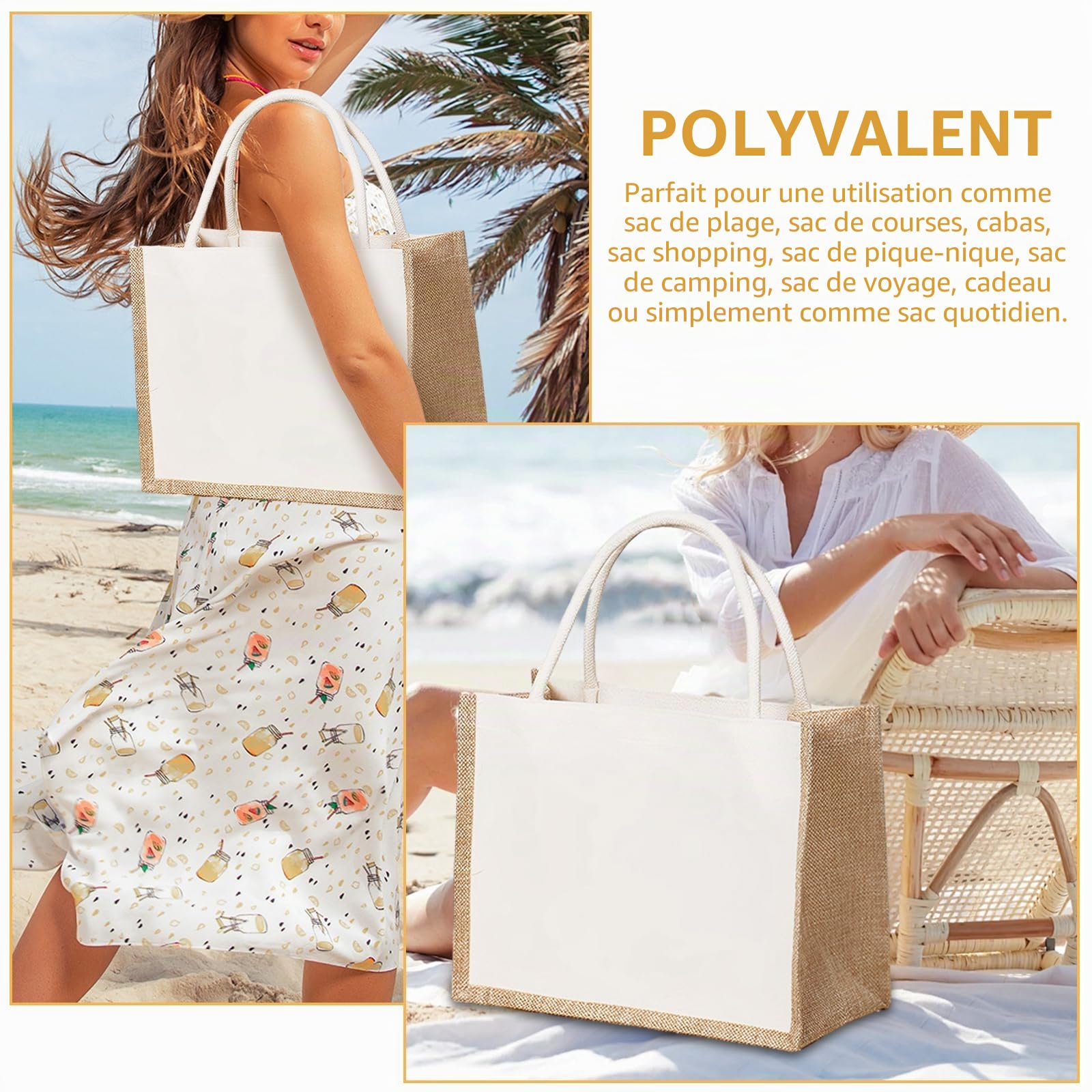 6 Pièces Sac en Toile de Jute 35 x 27 x 15 cm, Sac Cabas Blanc et Naturel, Tote Bag avec Poignées pour Courses, Plage, Pique-nique, Voyage et Cadeaux