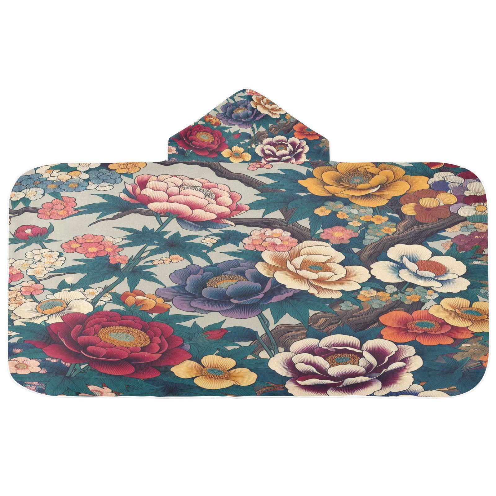 Kigai Colorful Peonies Hooded Beach Towel for Kids Soft Absorbent Quick Dry Bath Towel with Hood Lightweight Toddler Shower Pool Bath Wrap for Boys Girls