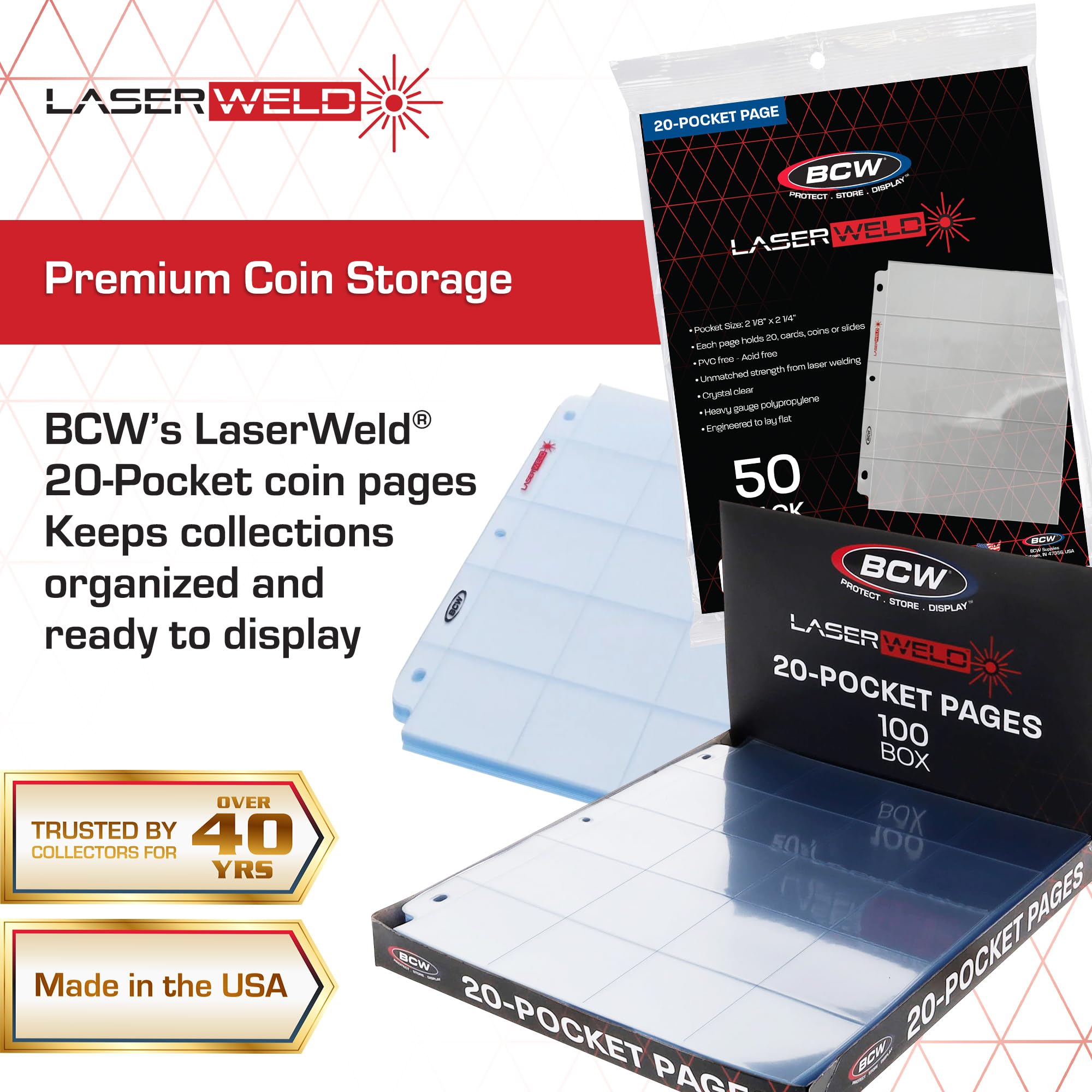 BCW LaserWeld - Pagine per monete con 20 tasche, 100 pezzi, pagine per raccoglitori a 3 anelli senza acidi, per monete, carte e diapositive, cuciture piatte saldate al laser