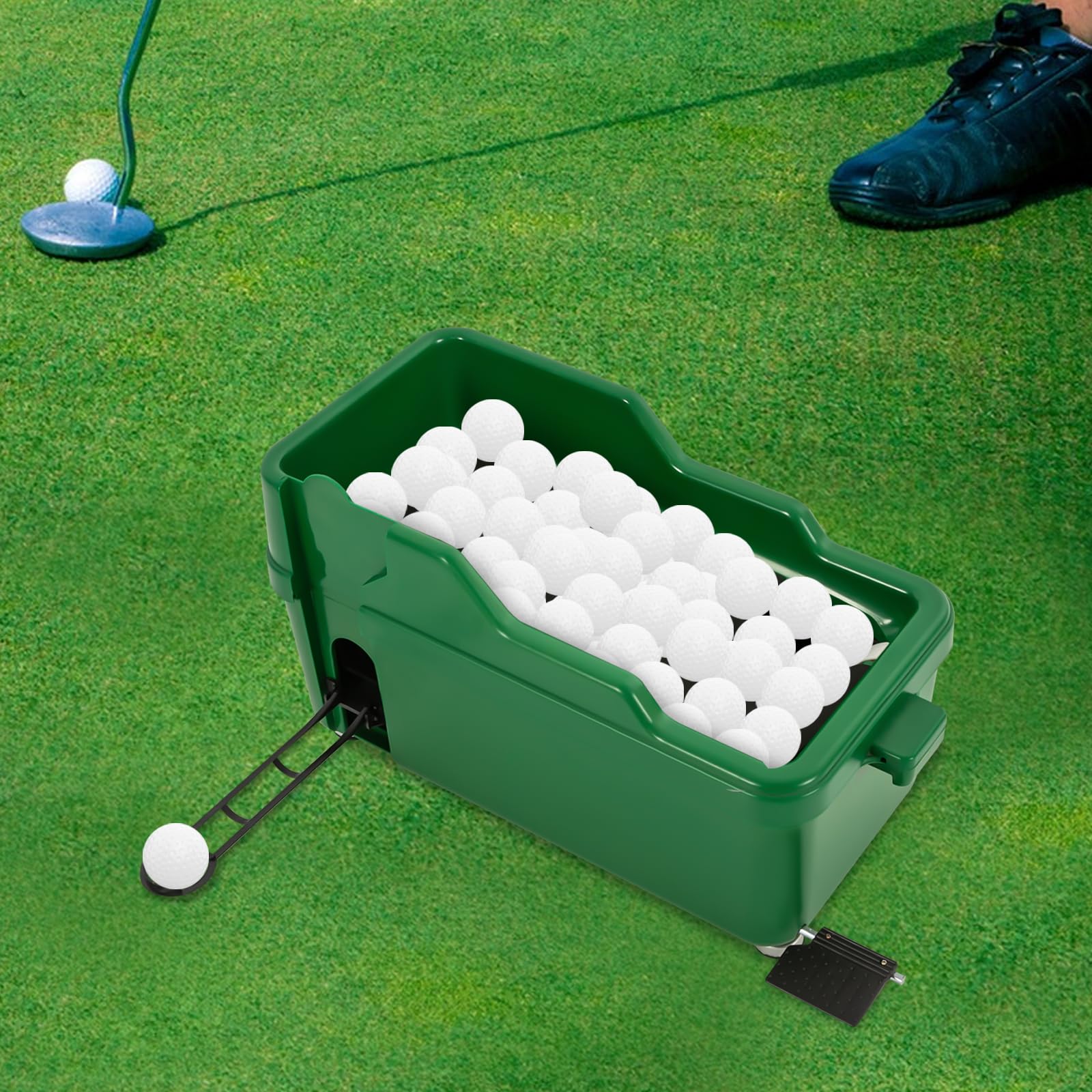 Dispensador de pelotas de golf semiautomático con pistas y pedales, dispensador de pelota de golf, altura ajustable, 100 bolas de golf, herramienta de orientación