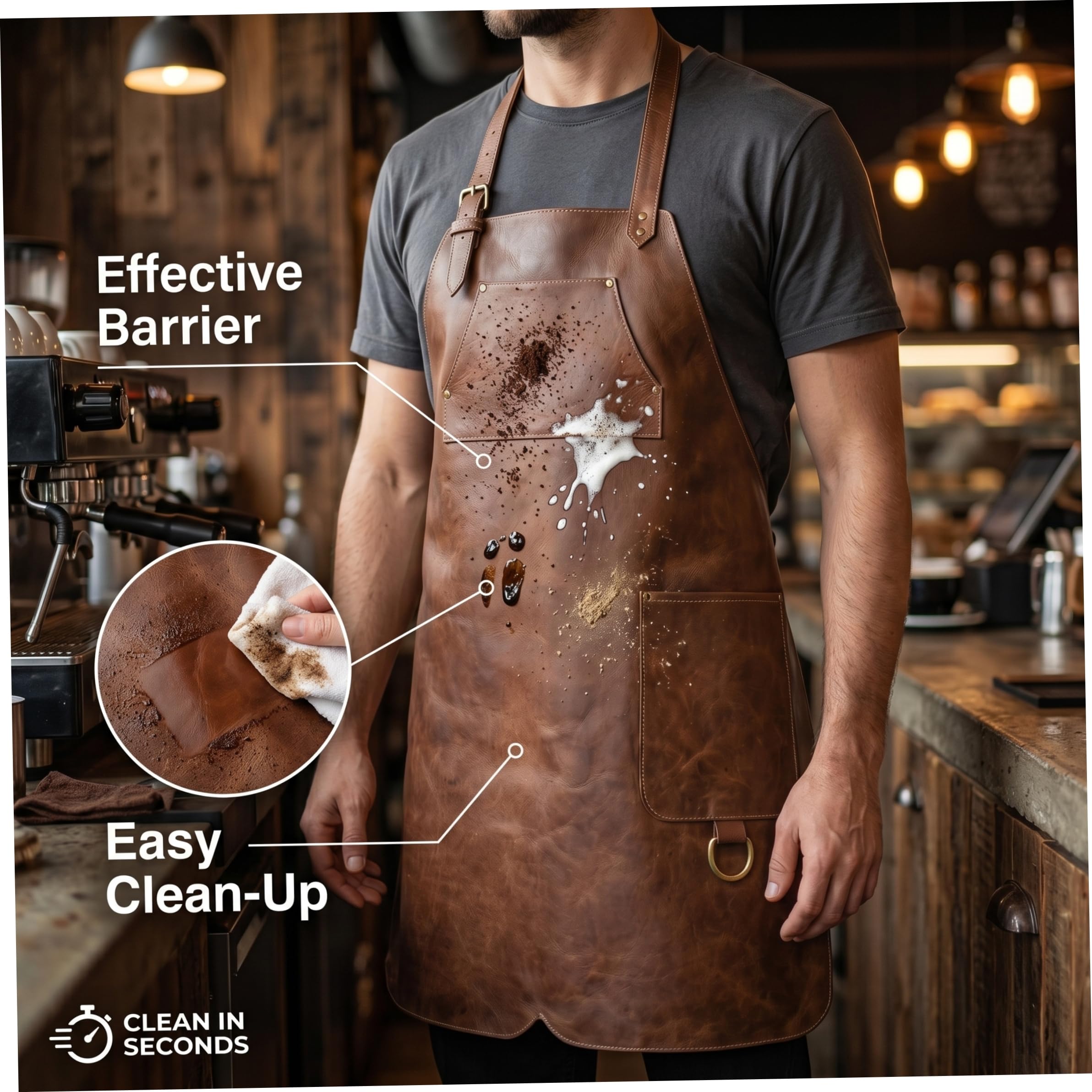 Delantal de barbacoa de cuero para hombre impermeable y resistente al aceite con correa ajustable para el cuello y bolsillo para herramientas - Delantal de cuero marrón para hombre impermeable