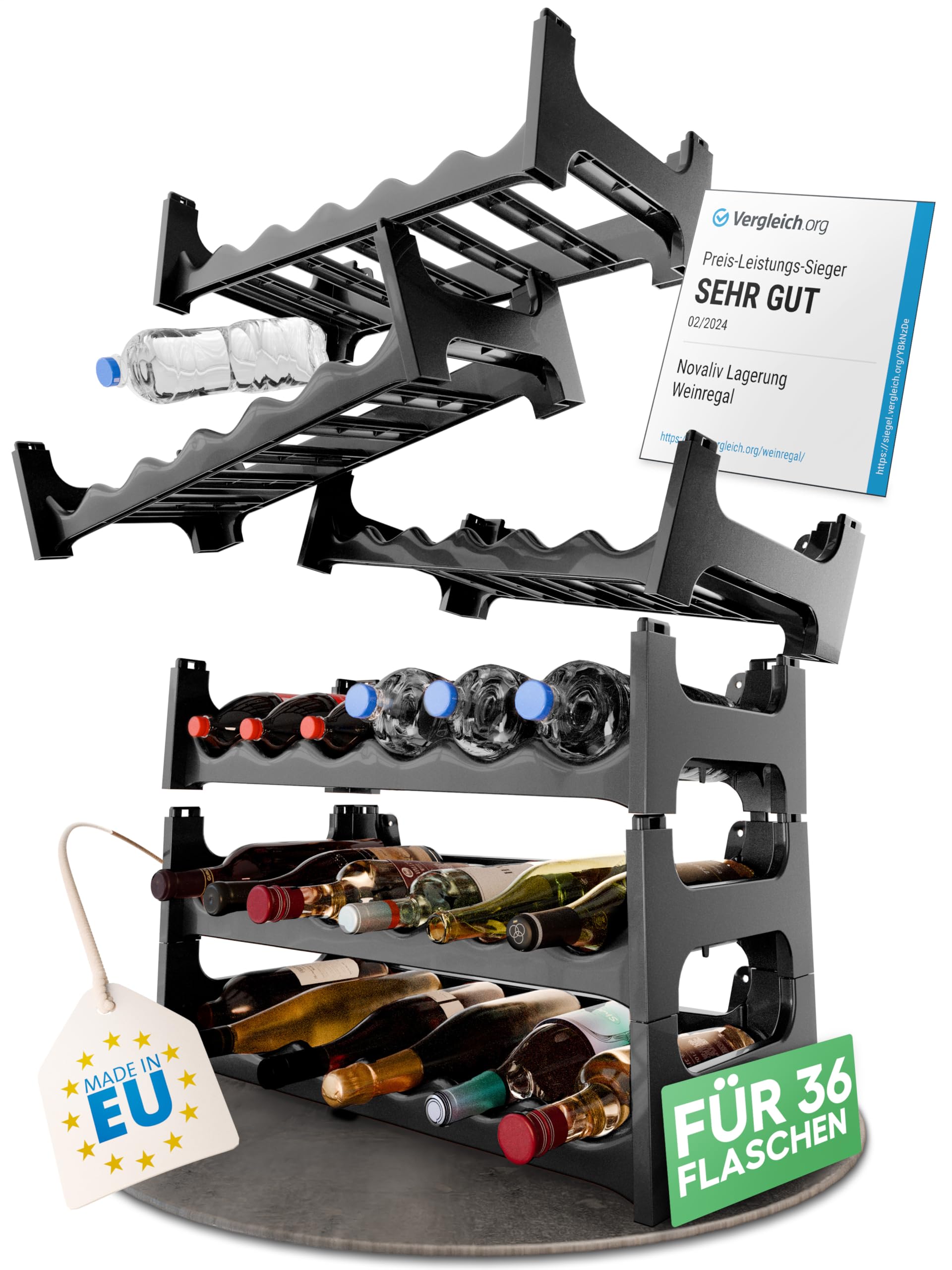 Novaliv Estantería para 36 botellas de plástico estable (negro, 6)