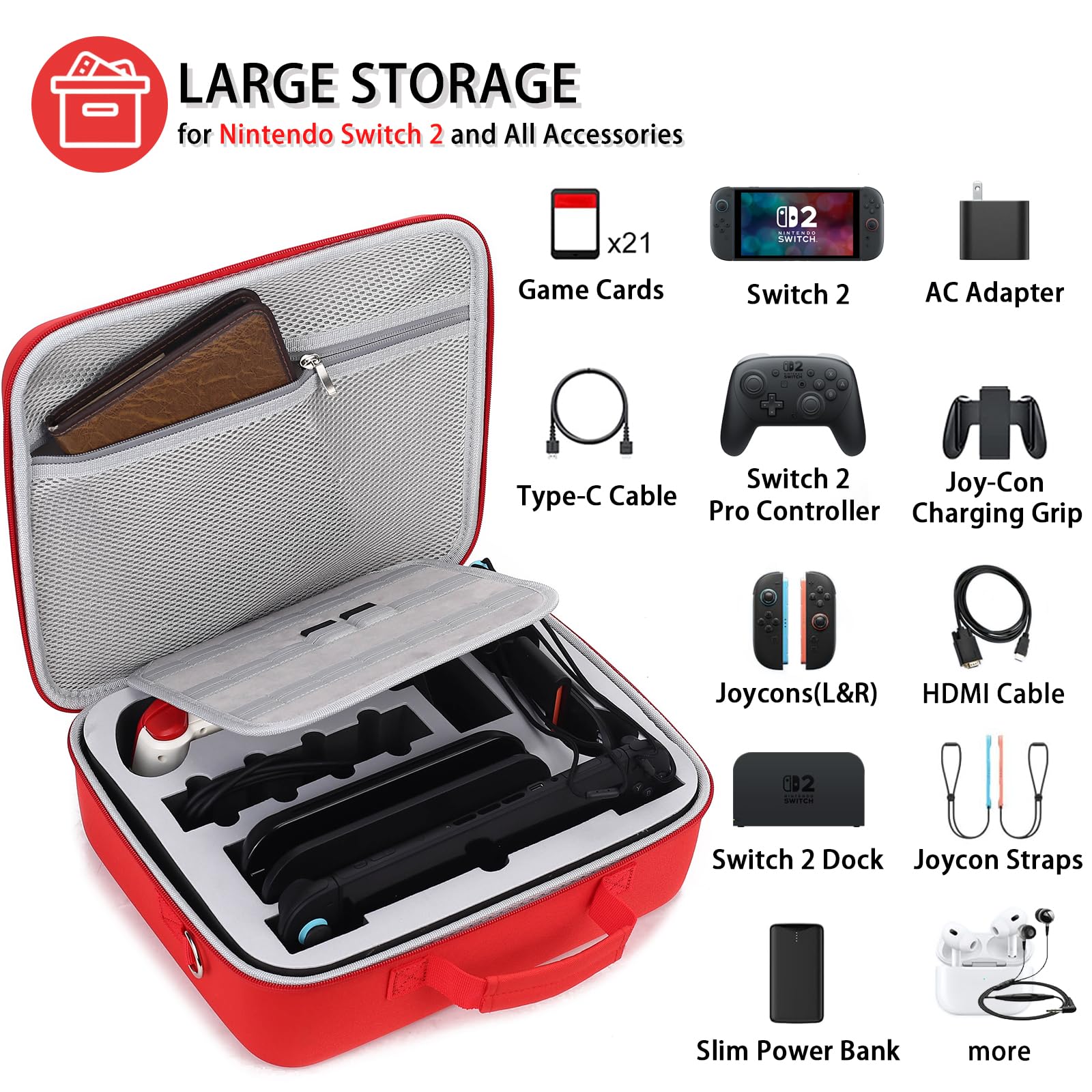 Switch 2 Custodia da trasporto di grande capacità per Nintendo Switch 2 (2025), custodia da viaggio rigida in PU portatile con tasche per accessori e