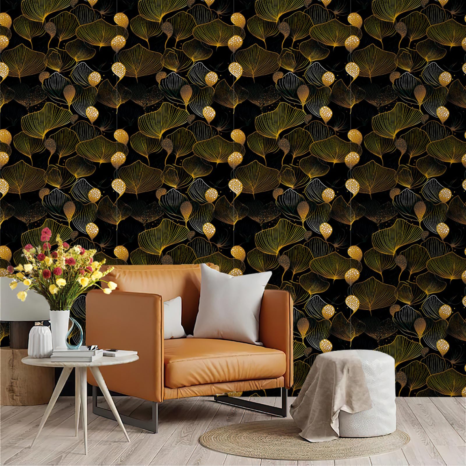 Zahhyg Yellow Wallpaper Leaves Peel And Stick Self Adhesive Wallpaper For Living Room Waterproof Vinyl, Art Deco Thicken Sticky Back Plastic Removable