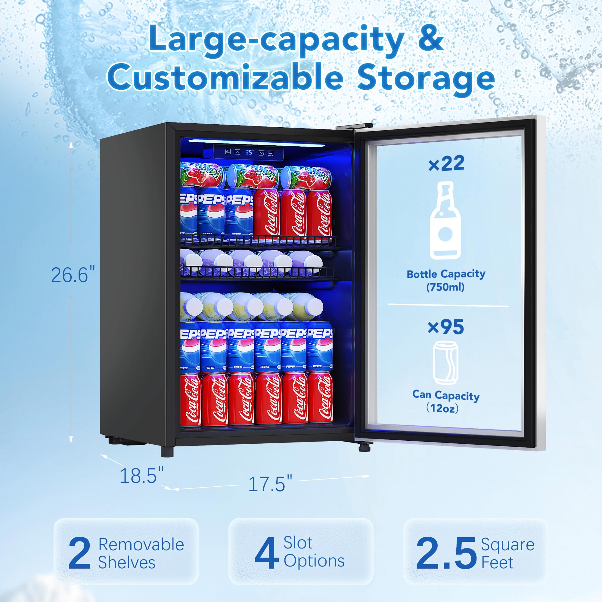 Tehanld 2.5 Cu.Ft Beverage Fridge, Mini Fridge With Glass Door, Beverage Cooler Refrigerator, Wine Drink Beer Cooler, Adjustable Shelves & Digital Temperature Display, 22 Bottle 96 Can on Fridge.com