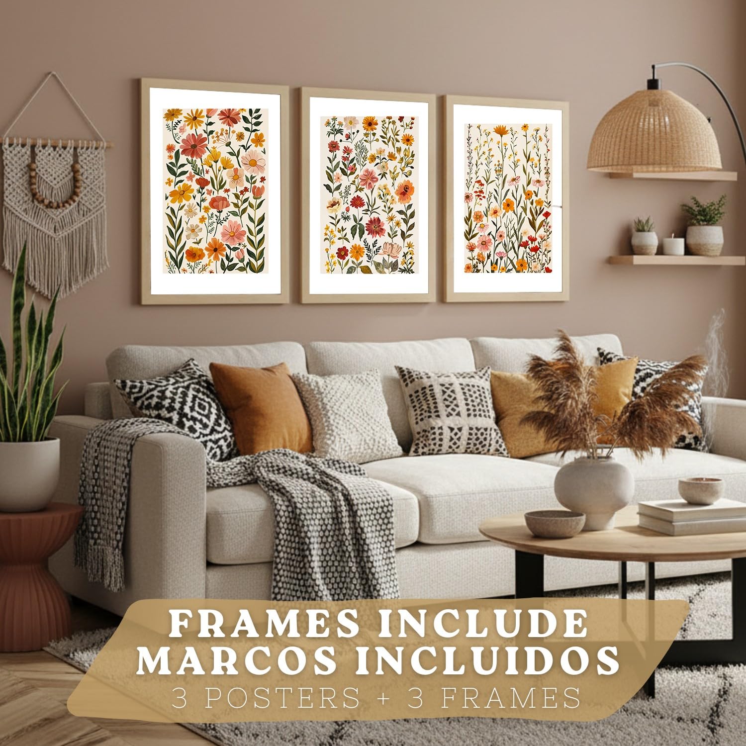 Nacnic Lot De 3 Affiches Fleurs Sauvages – Décoration Murale Champêtre, Salon Moderne Chambre Cuisine Salle De Bain A3 Cadre En Bois Léger