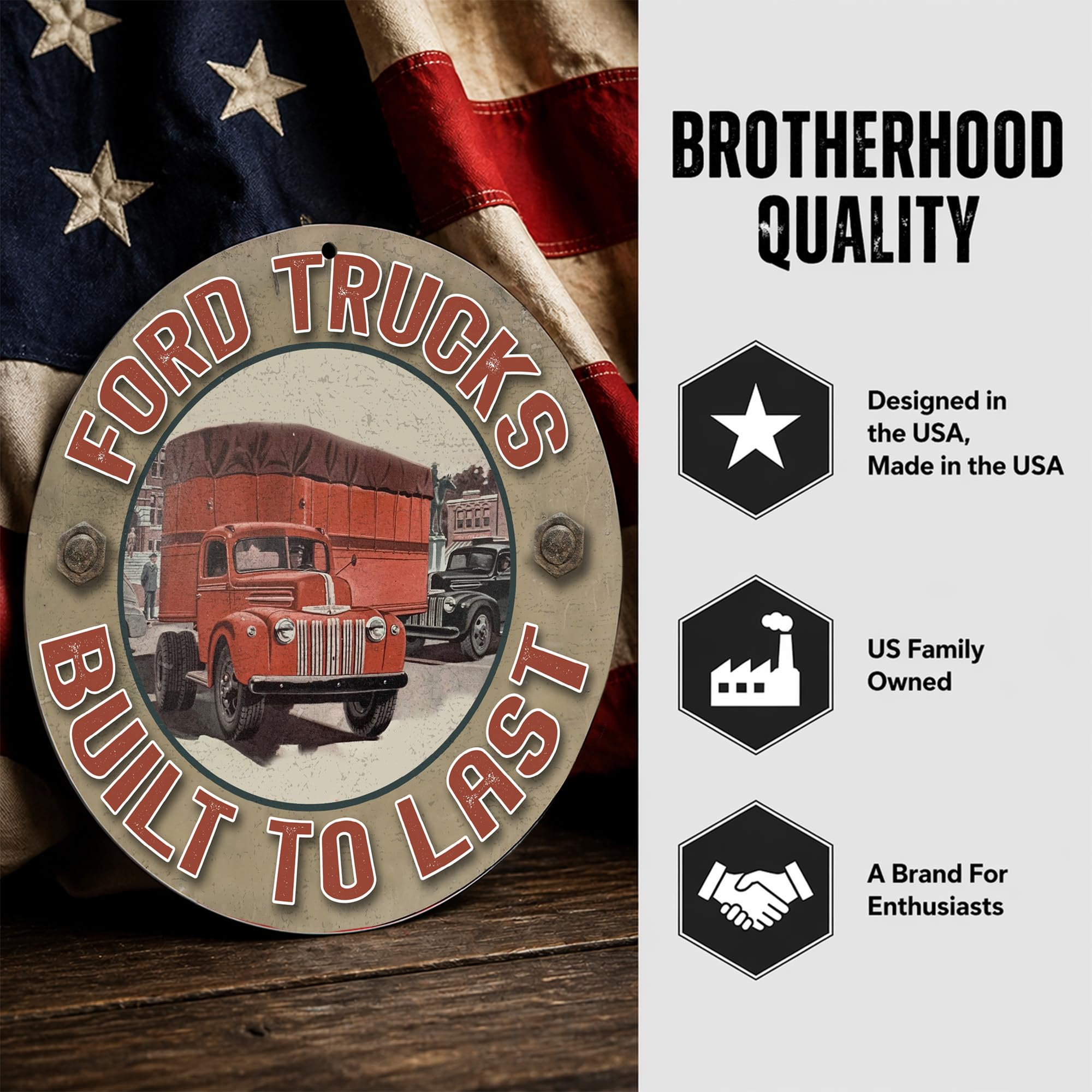 Brotherhood Targa in metallo vintage con riproduzione di cartelli in metallo vintage per garage e casa, diametro 11,75 pollici – Ford Trucks Last to Built