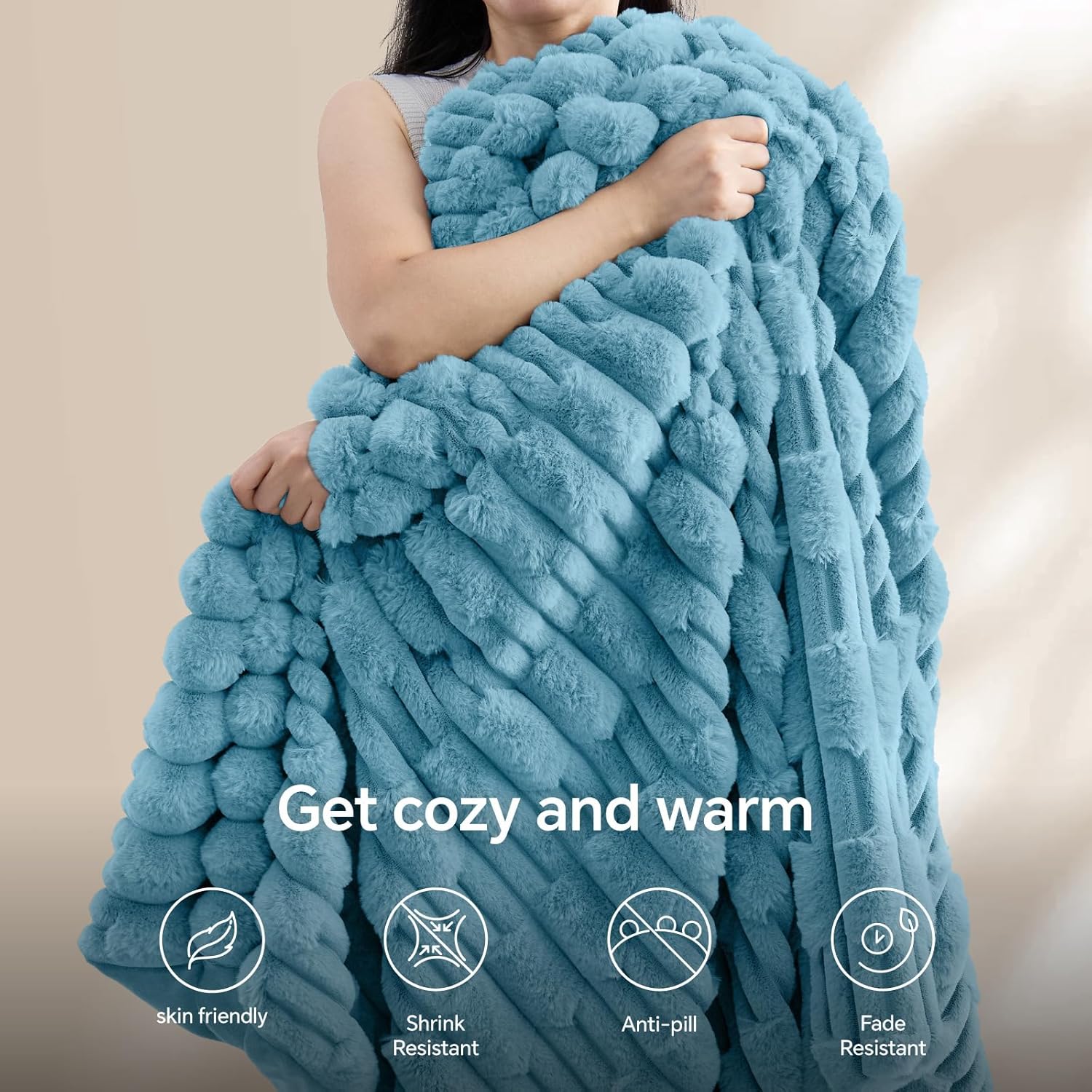 BEDELITE Faux Fur Throw Blanket for Couch - Super Soft & Cozy Plush Striped Blanket for Sofa and Room Decor, Luxury Fluffy All-Season Blankets Gift for Women, Men, Mom, Dad, 50x60 inch, Light Blue - Image 6