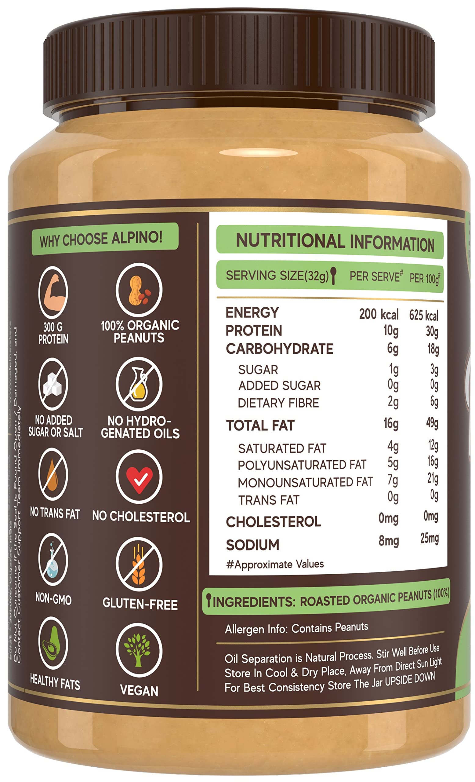 Alpino Organic Natural Peanut Butter Smooth 1 KG Unsweetened 100 Roasted Peanuts No Added