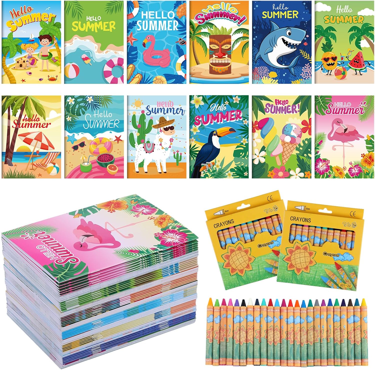 Spakon 144 Pcs Summer Coloring Book for Kids with Crayon Bulk Pool Beach Flamingos Mini Coloring Book for Toddler Ages 3-10 Summer Hawaii Birthday Kindergarten Classroom Reward