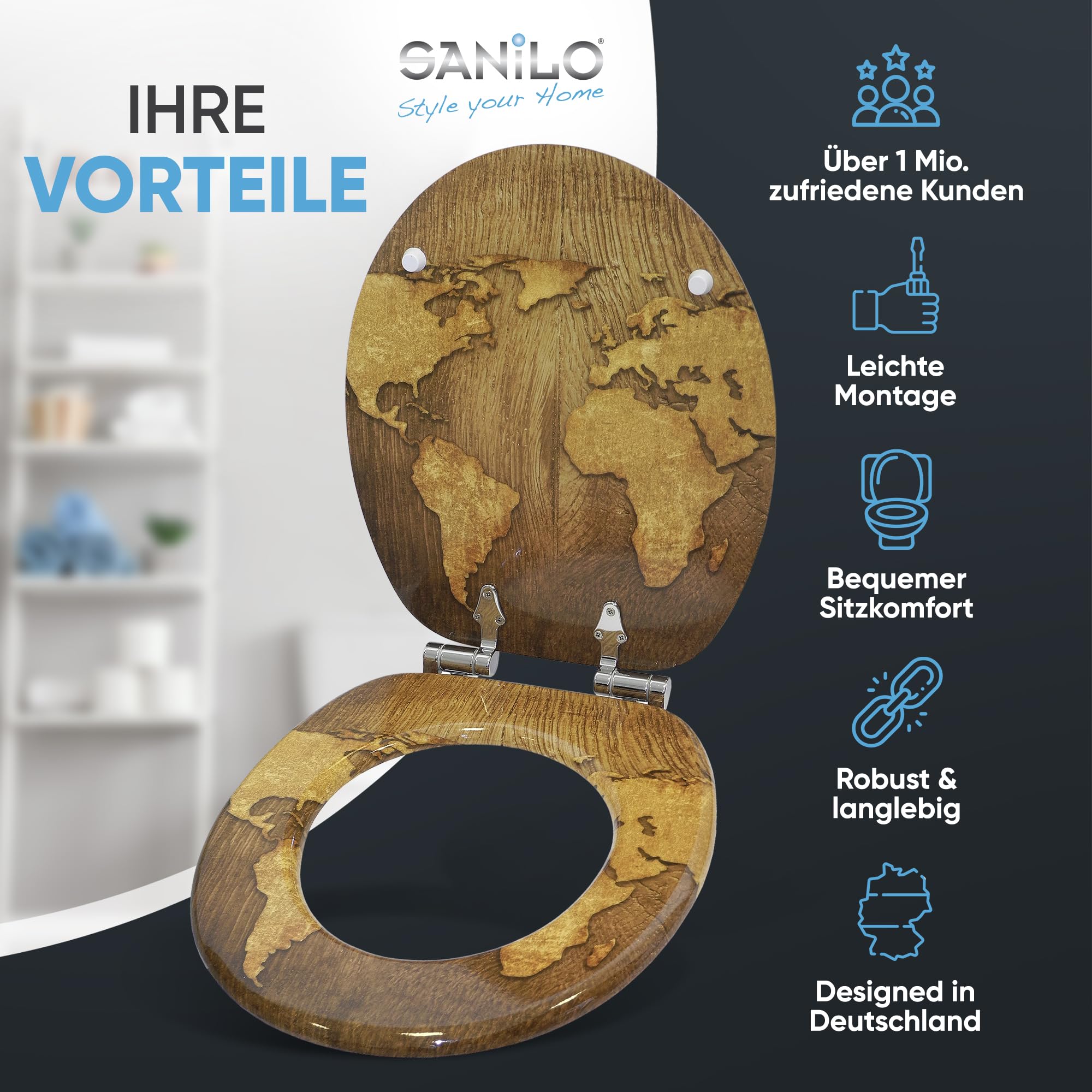 Asiento para inodoro de cierre suave | Bisagras estable | Fácil de montar | Mapamundi