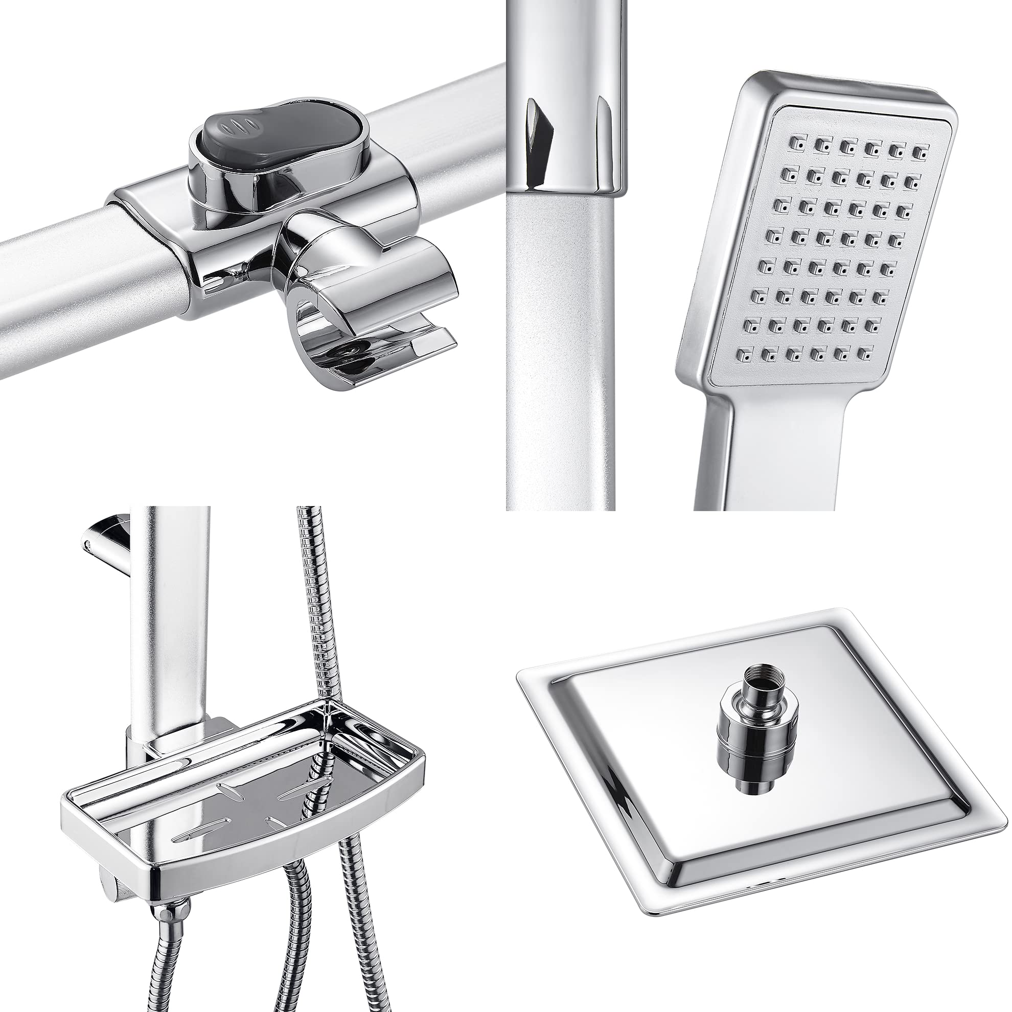 MINGYI Colonna doccia idromassaggio, con doccetta, testa doccia quadrata 20 cm e porta sapone, senza miscelatore, connettore DIN standard 1/2" (argento)