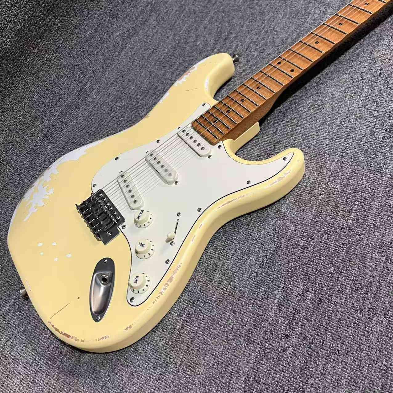6 Strings Cream Over White Vintage Electric Guitar with Scalloped Fingerboard, Alder Body Roasted Maple Neck, Rounded Frets, Vintage Tuners Professional/Full Size/Electric Guitars for Adults