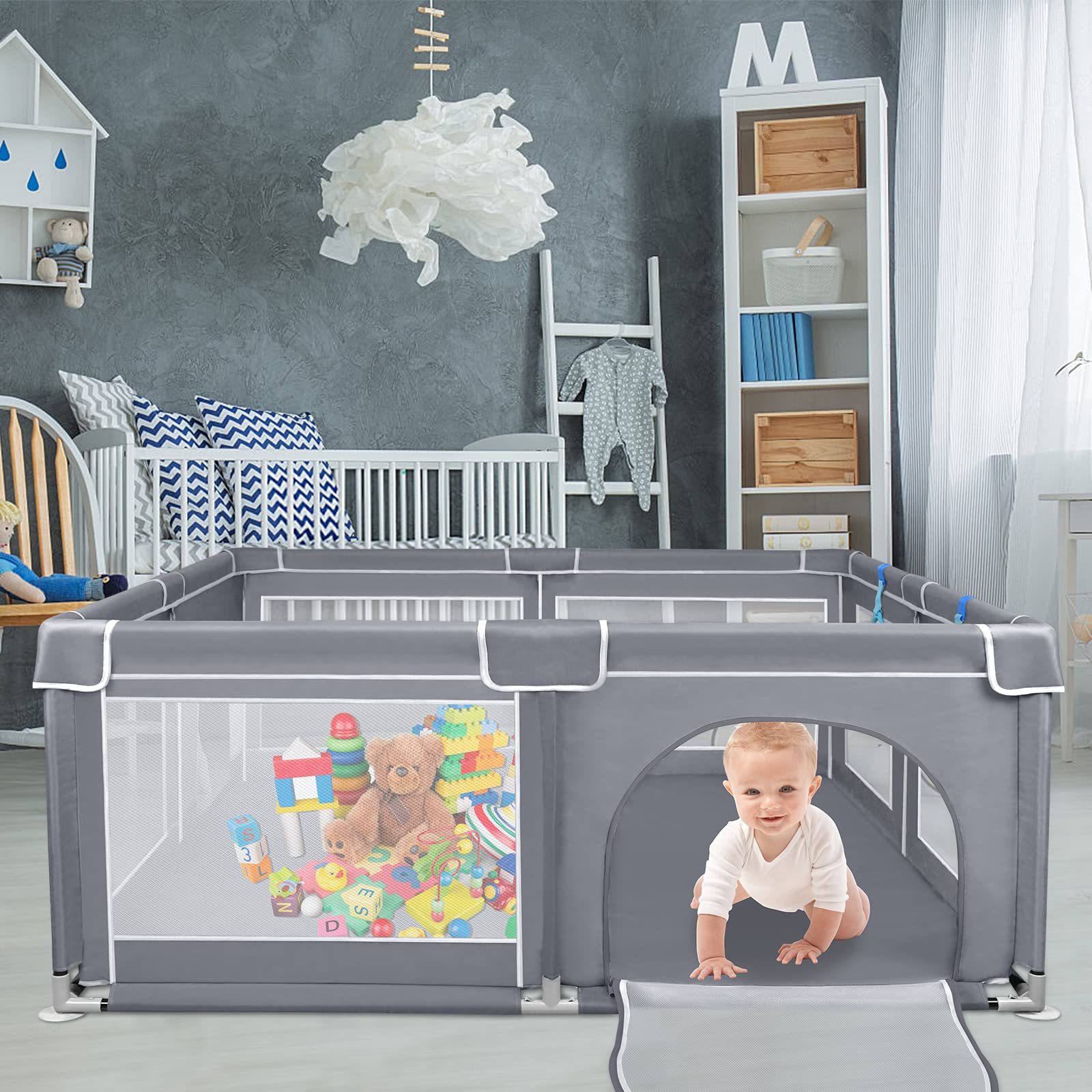 Froadp 200x180x68cm Box per Bambini con Base Antiscivolo e Rete Traspirante, Ampio Parco Giochi di Sicurezza Impermeabile in Tessuto Oxford, Centro di Attività Sicuri per Interni ed Esterni (Grigio)