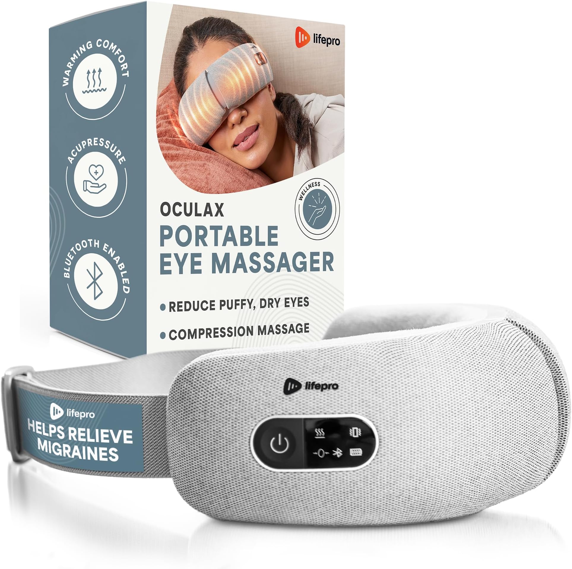 Portable Eye Massager with Heat and Vibration - Oculax 4 Soothing Modes for Compression Massage to Help Reduce Puffy and Dry Eyes-Rechargeable Heated Migraine Mask with Bluetooth Music