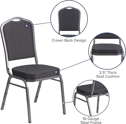 Miniatura 5 de Flash Furniture HERCULES Series - Silla apilable para banquetes con respaldo de corona en tela negra con estampado, marco de vena plateada