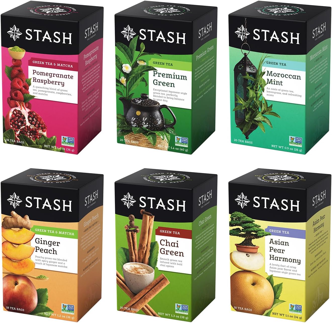 STASH Green Tea Variety Pack – Caffeinated, 6 Boxes of 18-20 Tea Bags Each – Pomegranate Raspberry, Premium Green, Moroccan Mint, Ginger Peach, Chai Green & Asian Pear Harmony