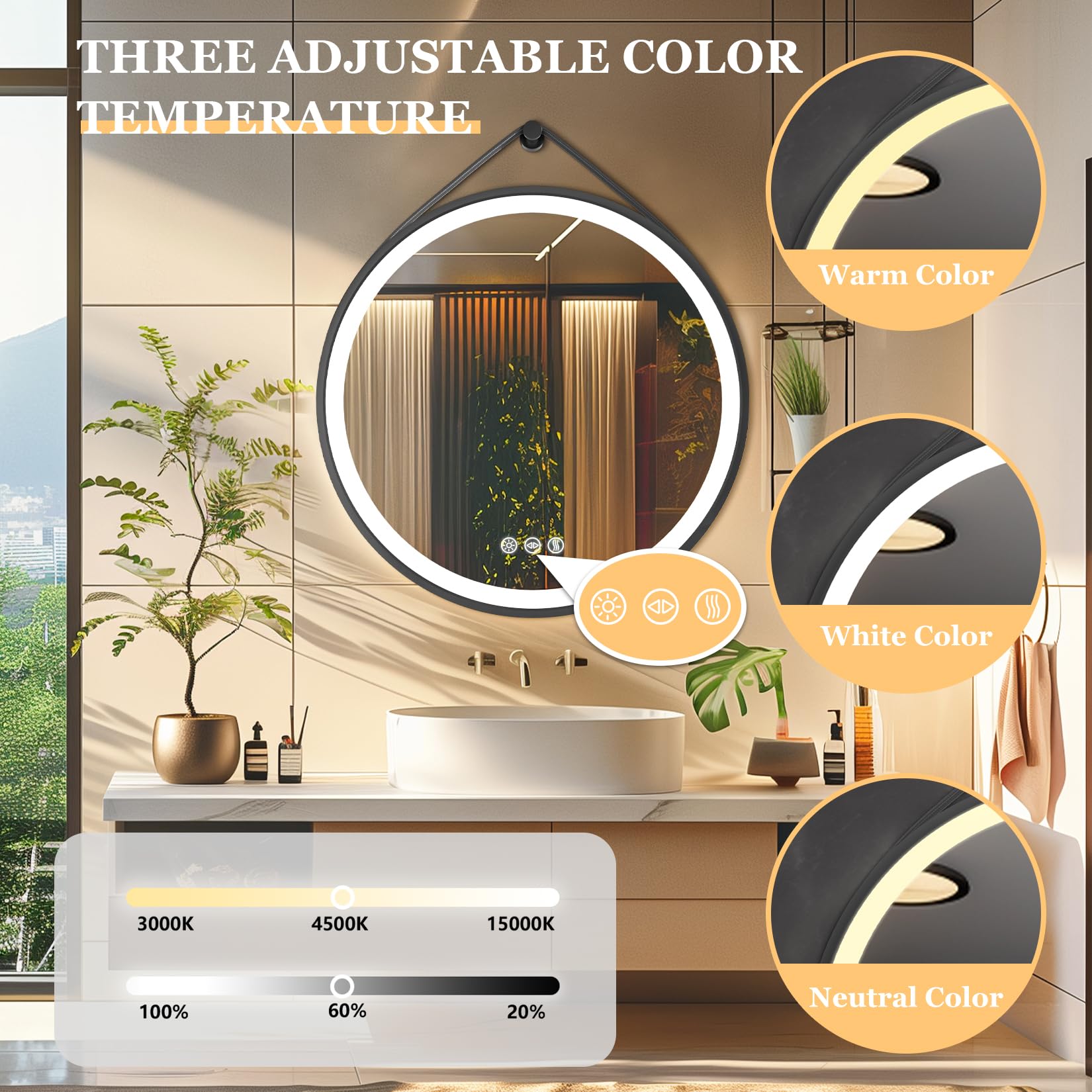 LUVODI Specchio Bagno con Led Luce Rotondo 60 cm: Specchio Smart Tondo Bagno Cornice in Alluminio Nero Cinghia Regolabile in Pelle, Illuminato Frontale, Antiappanamento, Dimmerabile, Funzione Memoria