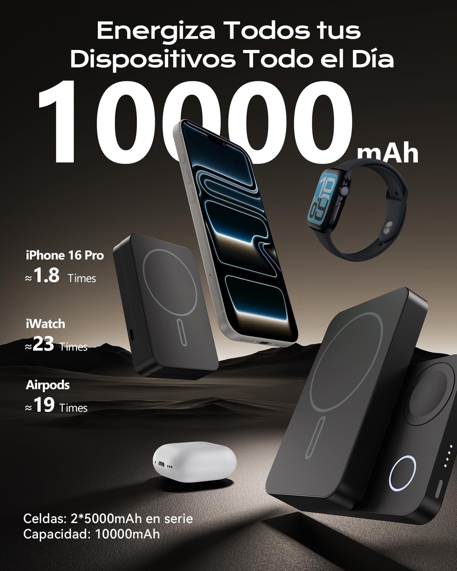 KU XIU Qi2.2 25W Magnético Power Bank 10000mAh para iPhone y Apple Watch | 3-in-1 Bateria Externa con Soporte, Compatible con Magsafe, 30W USB-C Carga Rapida, para iPhone & iWatch & Airpods, Negro