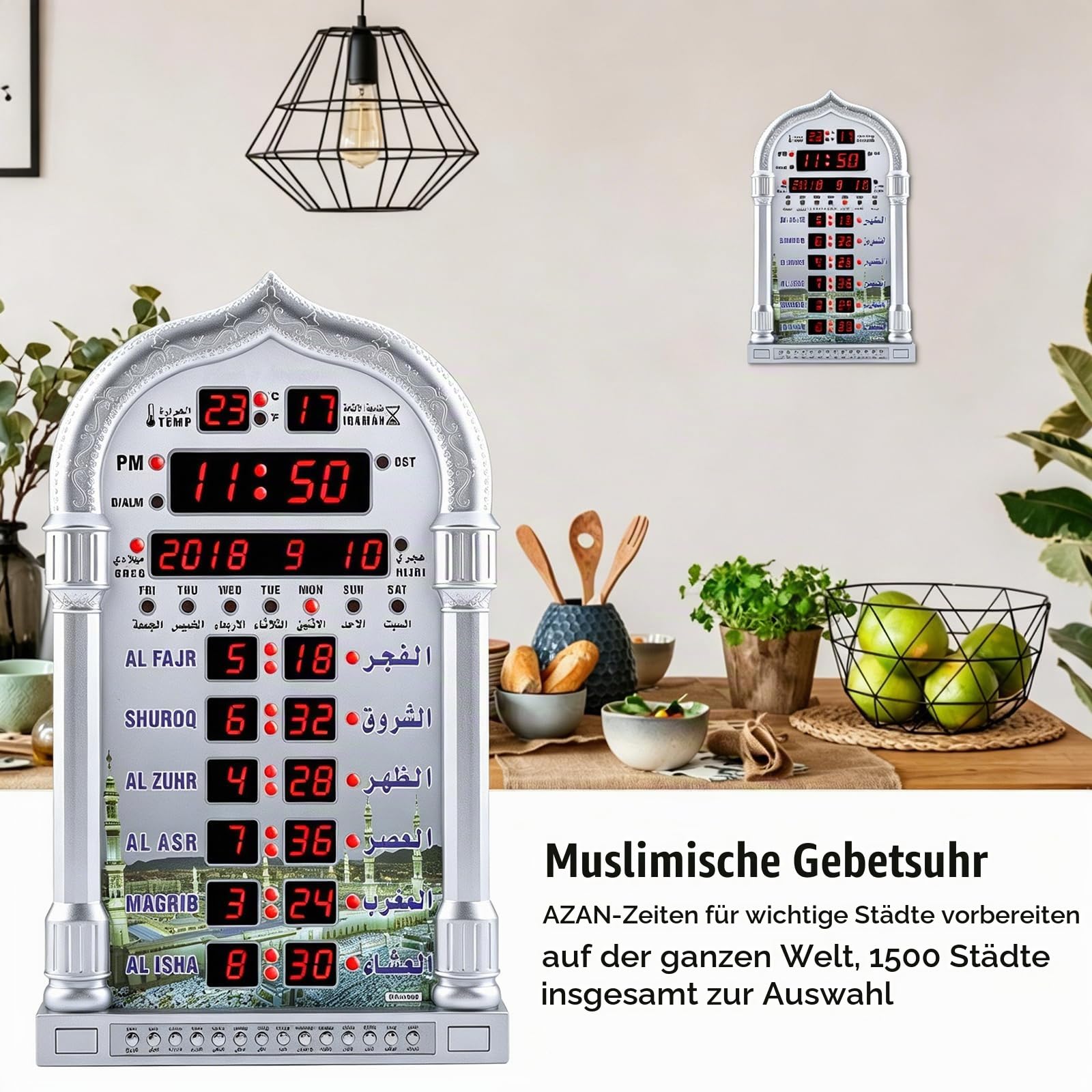 Fyearfly Muslim Azan Gebetsuhr – LCD Automatische Islamische Gebetsuhr, Zuhause/Büro/Moschee, Digitale Dekorative Wanduhr/Desktop (Fernbedienung + EU-Stecker)