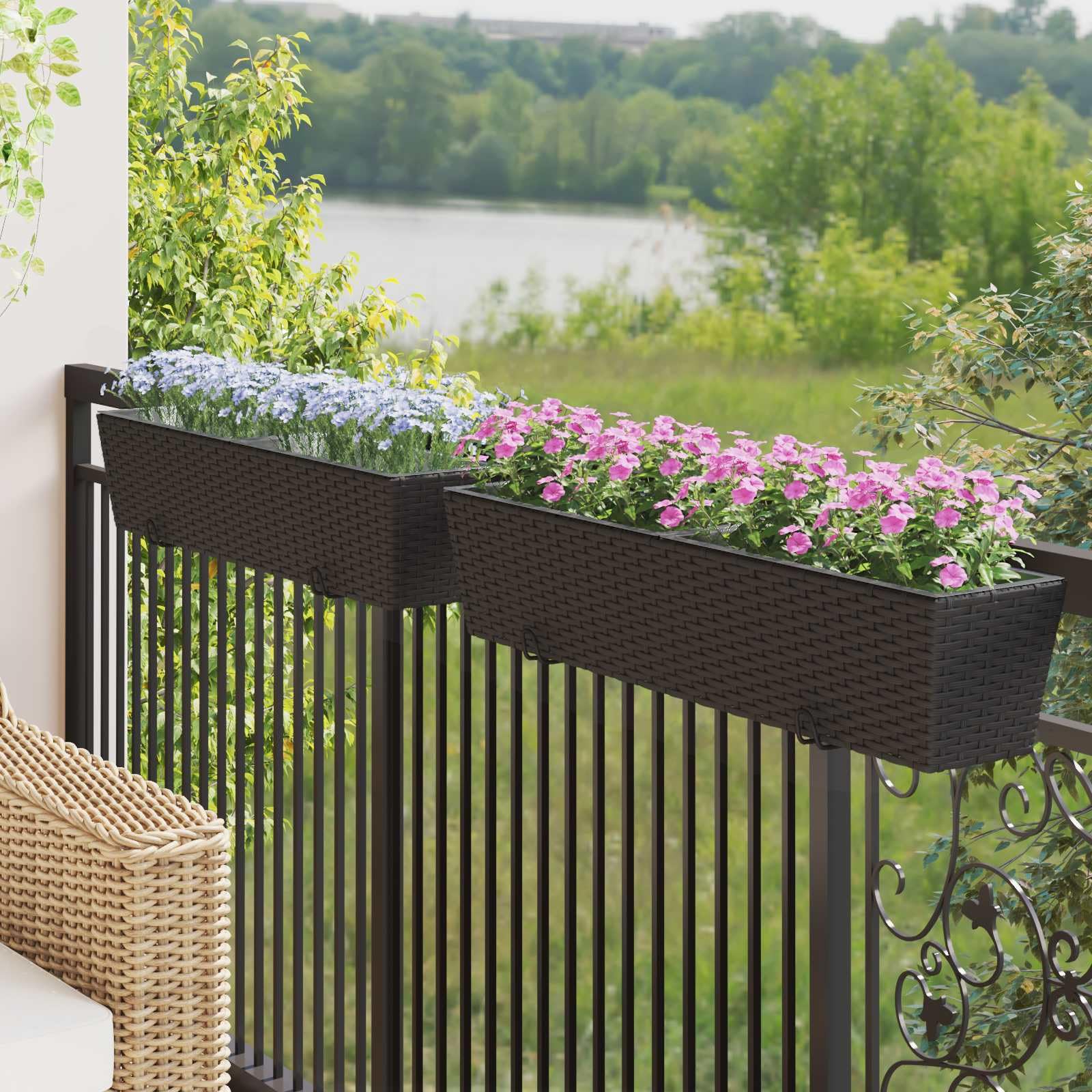 Metalowa donica na rośliny, 80 x 17 x 17 cm, z haczykami, o wyglądzie rattanu, odporna na promieniowanie UV, na balustrady, balkon, taras, do ogrodu, odporna na warunki atmosferyczne