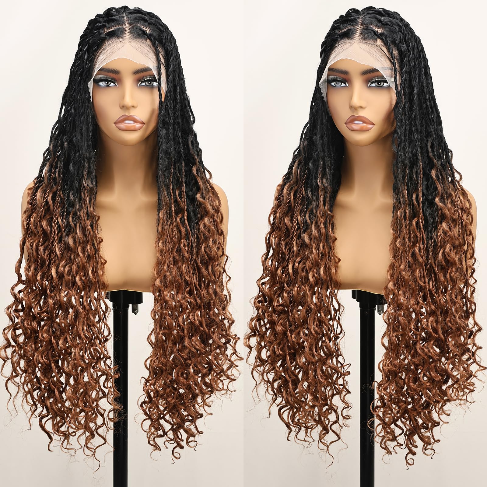 Full Lace Braid Wigs Boho island twist Knotless Senegalese Twist with Boho Curls 30 Inch Ombre Brown Boho Braided Wig for Women Bohemian Lace Front