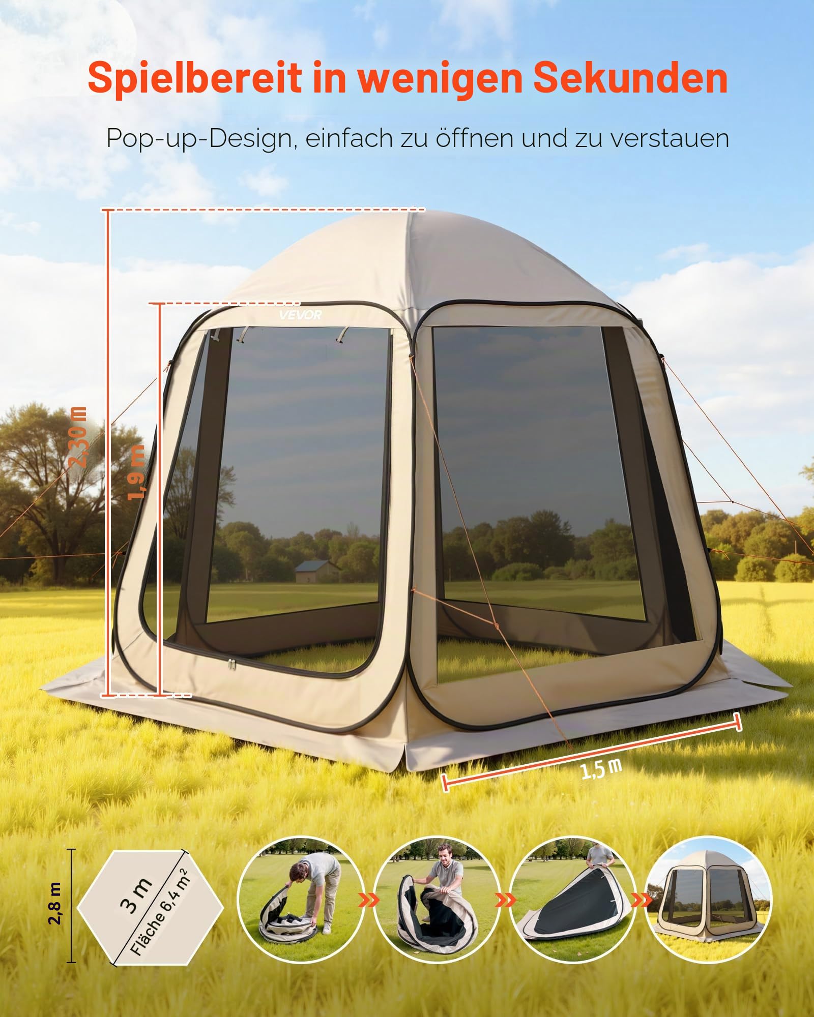 VEVOR Screen House Zelt, 3 x 2,8 m, 4-8 Personen, Pop-Up-Sichtzelt, tragbar, abgeschirmt, mit Tragetasche, Netzseiten, Erdspieße, für Garten, Terrasse, Hinterhof, Outdoor-Aktivitäten, Beige