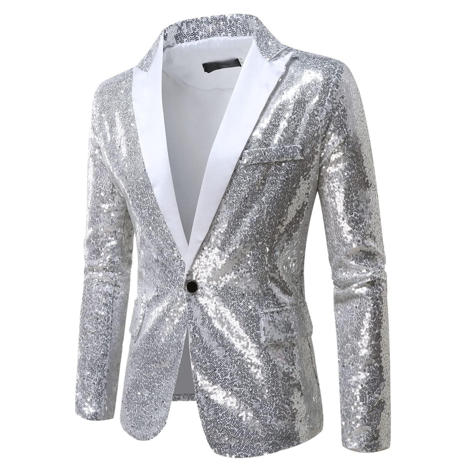 Generisch Men's Glitter Suit Carnival Costume Party Festive Sequins Jacket Suits Festive Party Suit Jacket Tuxedo Jacket Glitter Shirt Men, silver, XXL