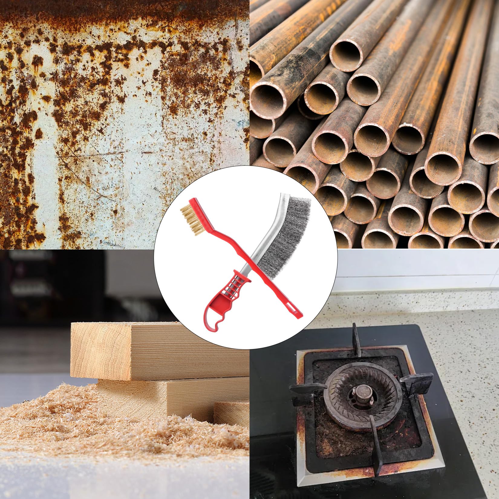 Set di 6 spazzole metalliche: 2 grandi spazzole in acciaio inox, spazzola in ottone, 2 piccole in acciaio inox e nylon, per la pulizia di ruggine e vernice