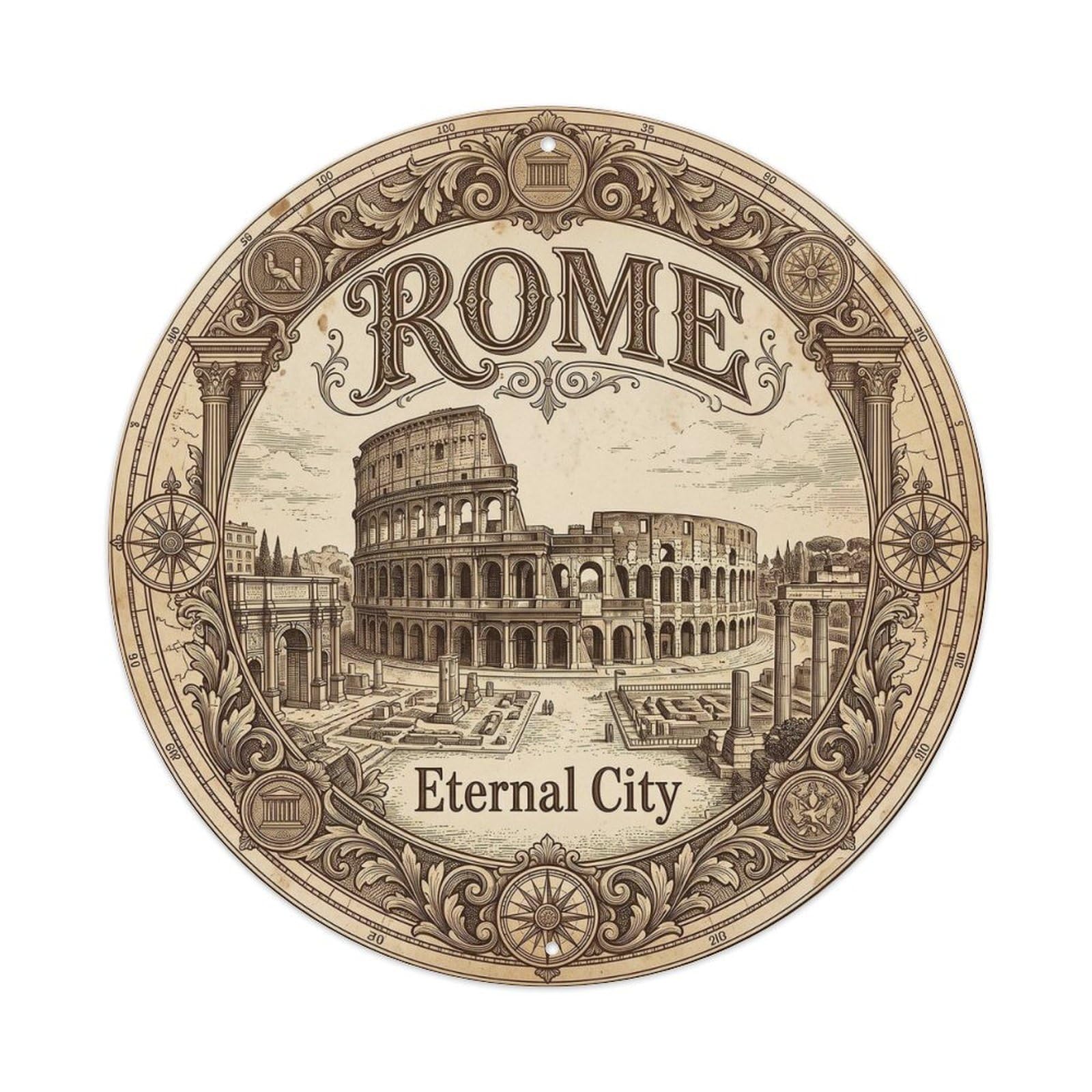 Rome Italy Eternal City Classic Cityscape Classical Heritage Metal Tin Sign Plaque Wall Decor for Cafe, Man Cave, Club Bar, Office, Home Garden Round Metal Poster 8x8Inch