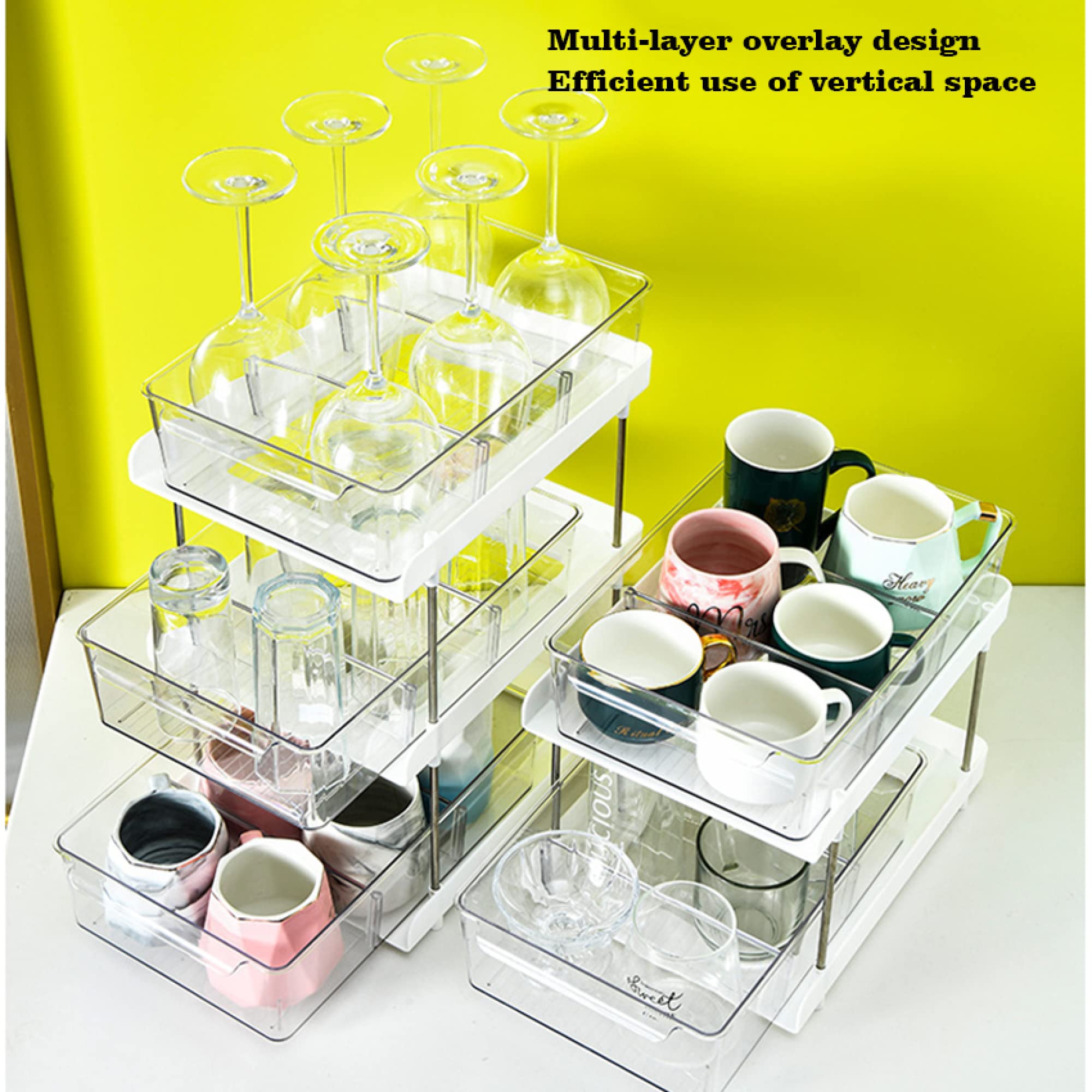 Organisateur d'étagères de placard - Étagère de rangement transparente sous l'évier avec tiroir coulissant - Bonne aide pour ranger les fournitures de cuisine et les articles de toilette / 2 layer
