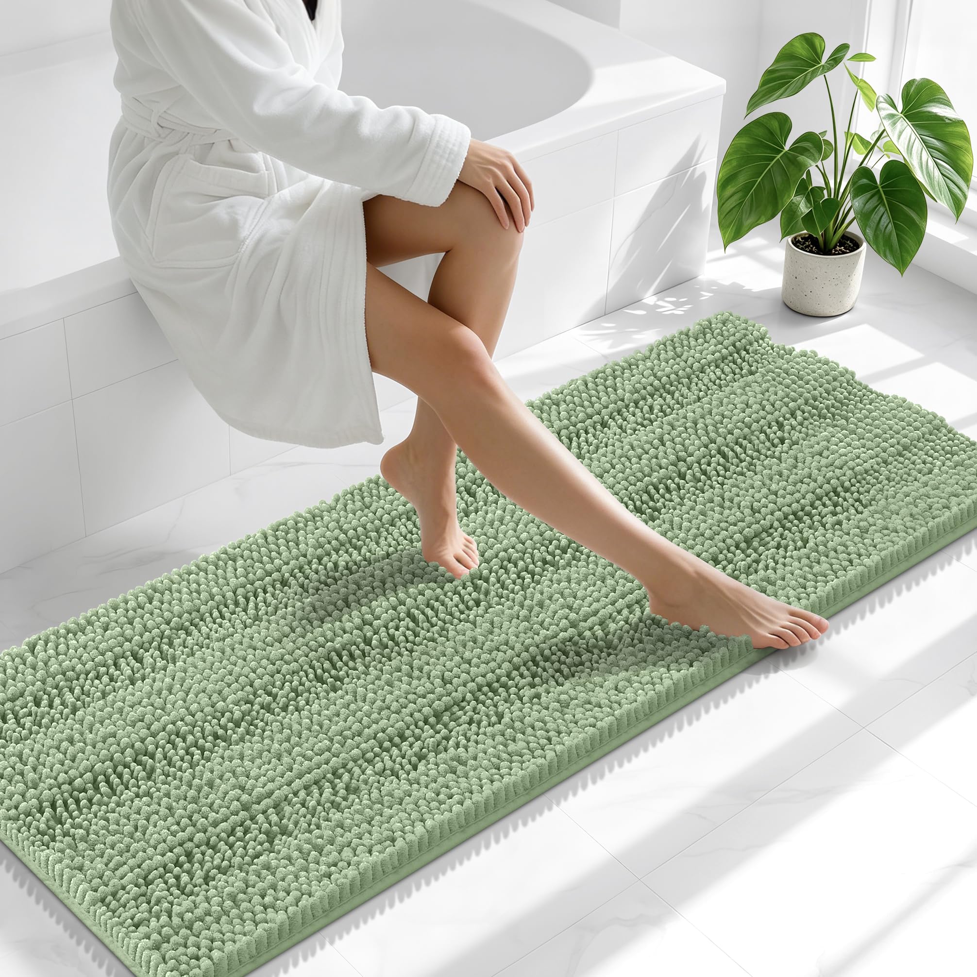 Smiry Thick Chenille Bathroom Runner Rugs 59x20, Soft Bath Mat, Sage Green