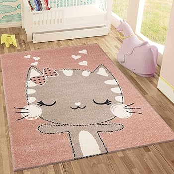 havatex Kinderteppich Meow - Rosa + Grau | süßes Motiv mit Katze und