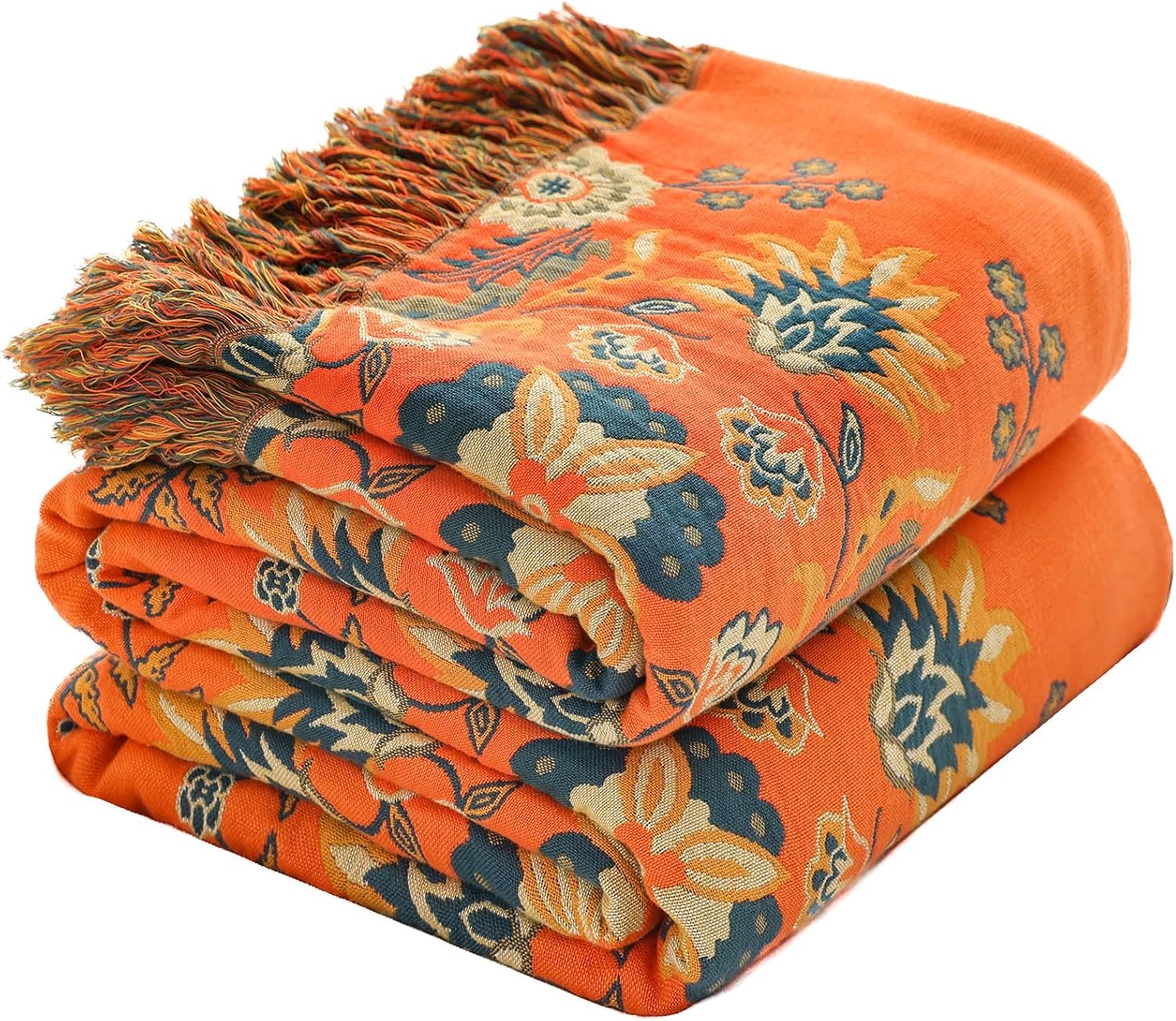 Fall Throw Blanket for Couch Bed Chair,100% Cotton Soft Lightweight Blanket Rustic Quilt -Orange Floral Printed Farmhouse Decor Bed All Season