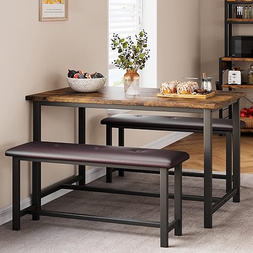 IDEALHOUSE Juego de mesa de comedor para 4, mesa de cocina con bancos, juego de mesa de comedor rectangular con 2 bancos de madera de metal, juego