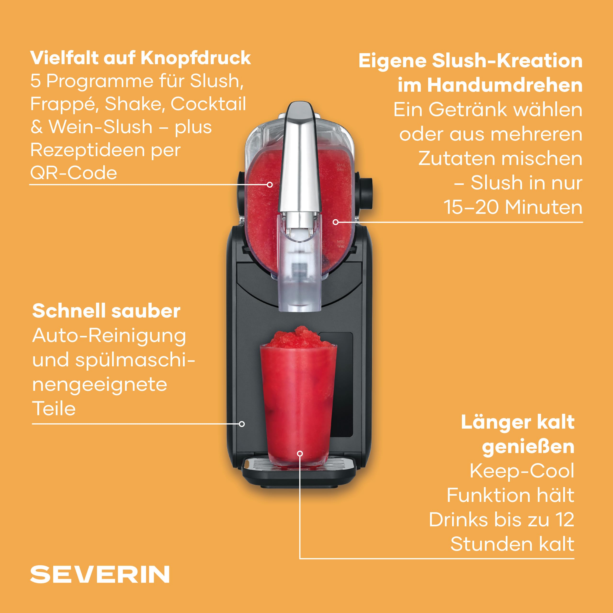 Severin Slush-Eis-Maschine für zu Hause, Eis-Cocktails, Frappé, Milchshakes, 15 min Technologie, Ice-Maker, 5 Programme, ohne Eis, automatische Reinigung, 2L, S-Slush, schwarz, silber, EZ 7410