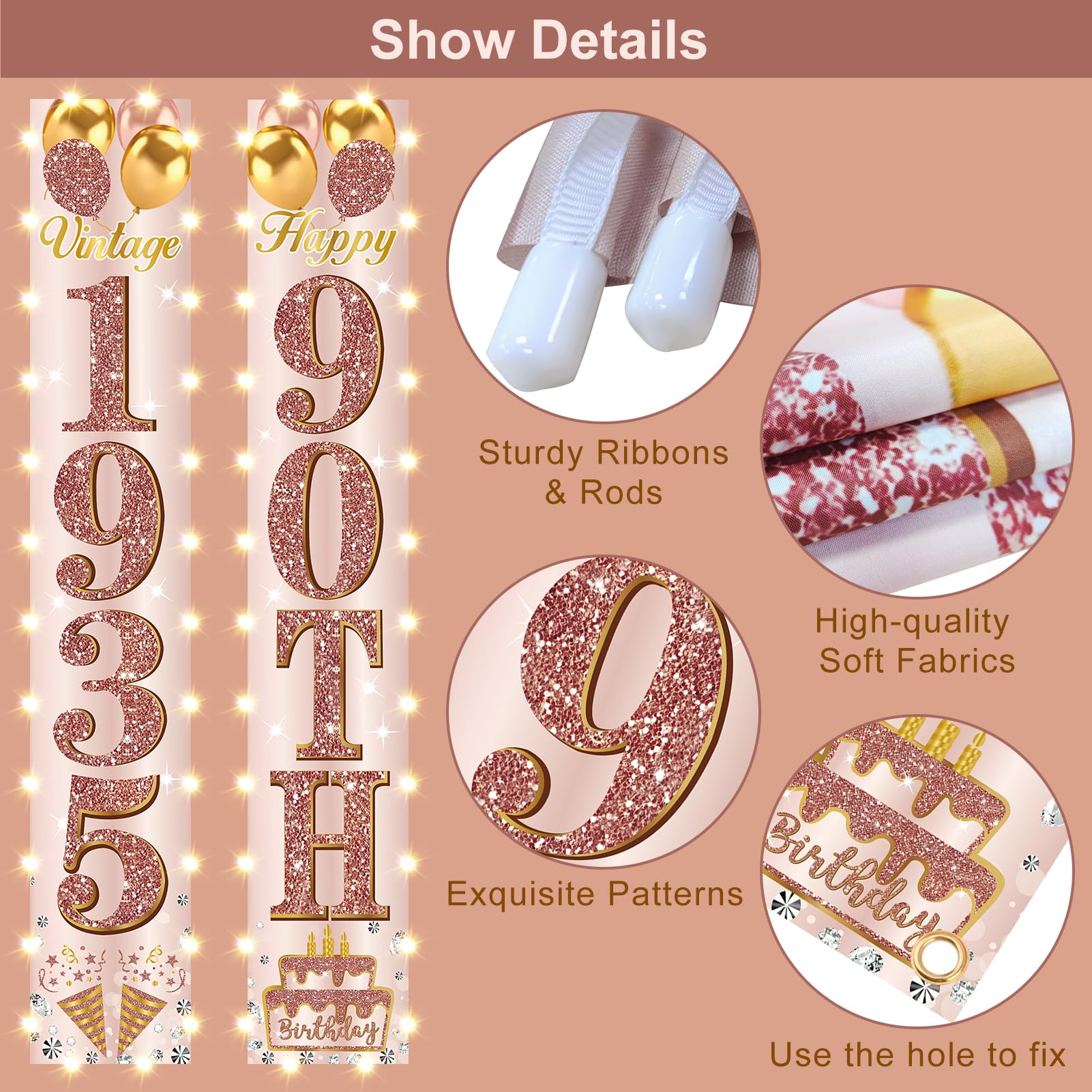 Rose Gold 90th Birthday Door Banner - Elegant Cheers To 90 Years Party Decor