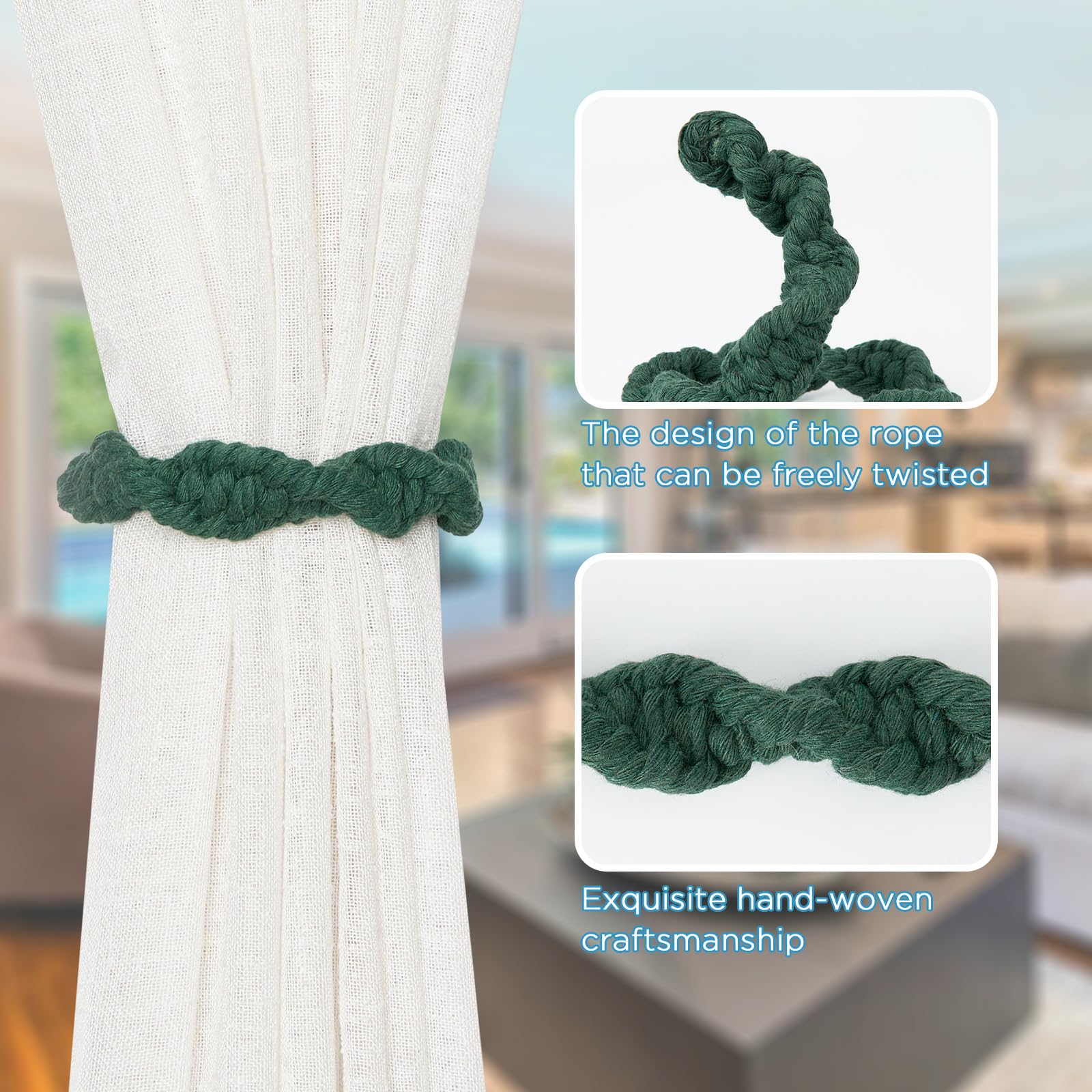 Pretty Jolly 2 Pack Natural Cotton Rope Curtain Tiebacks Farmhouse Rustic Style Decorative Drape Tie Backs Spiral Braided Curtain Holdbacks for Home & Office Sheer/Light Weight Drapery (C-Dark Green) - Image 3