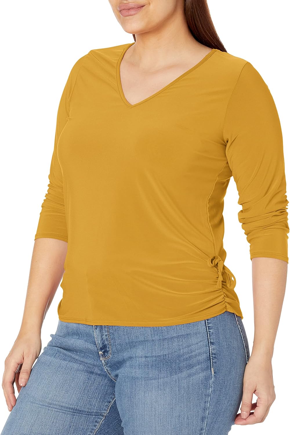 Star Vixen Women's Long Sleeve V Neck Top with Ruched Side Detail
