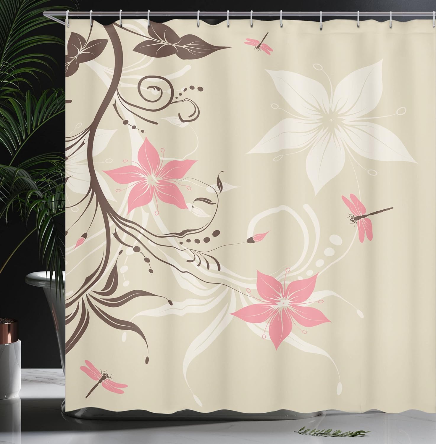 Ambesonne Dragonfly Shower Curtain, Floral Background with Dragonflies and Spiral Fashioned Foliage Bud Elements Print, Cloth Fabric Bathroom Decor Set with Hooks, 69" W x 75" L, Brown Tan