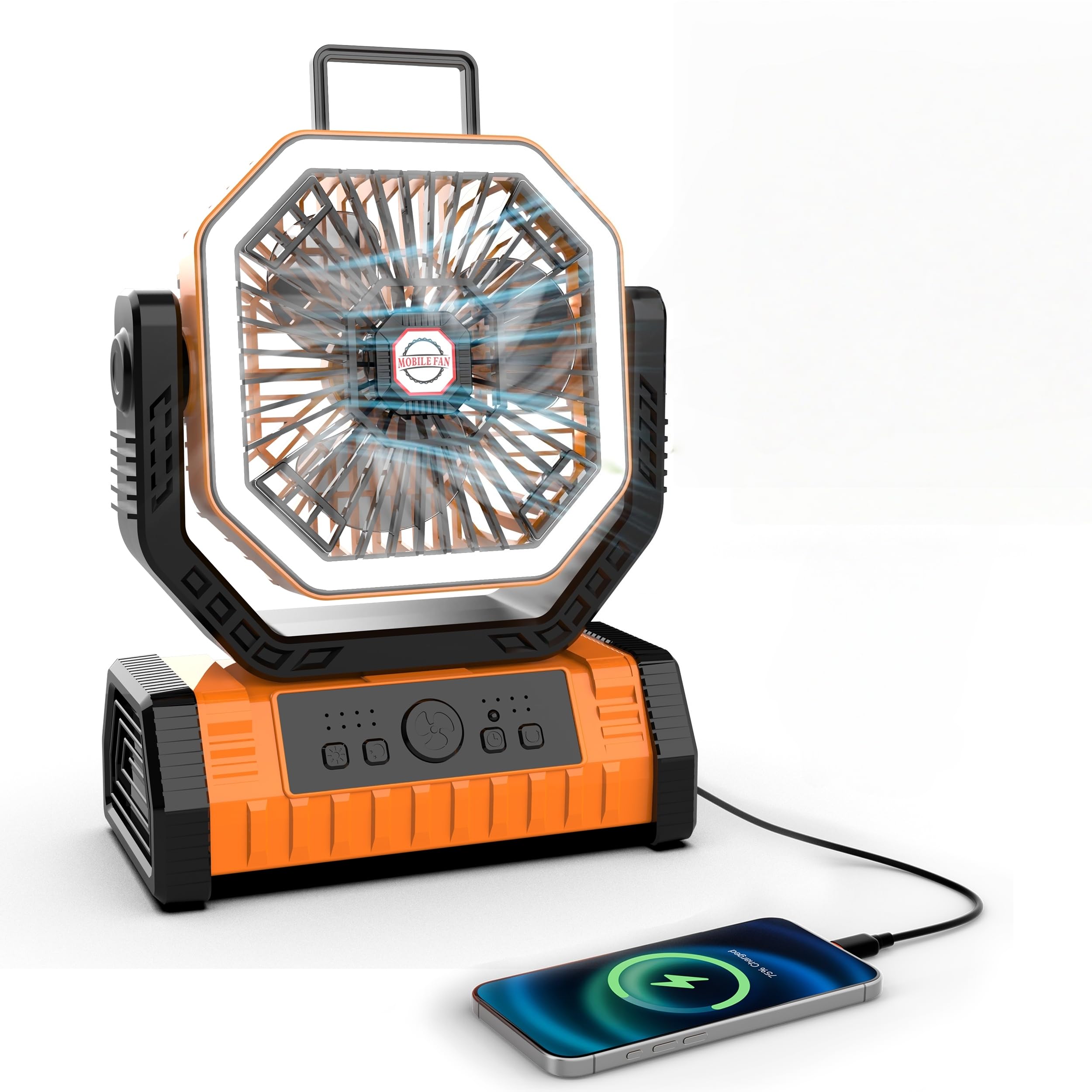 Vxoyo Portable Camping Fan 20000mAh With Light, 4 Speeds Tent fan with Remote & Hook, 8H Timer, Auto Oscillation Mode, Rechargeable Desk Fan with Led Light For Outdoor, Tent, Fishing, Office (orange)