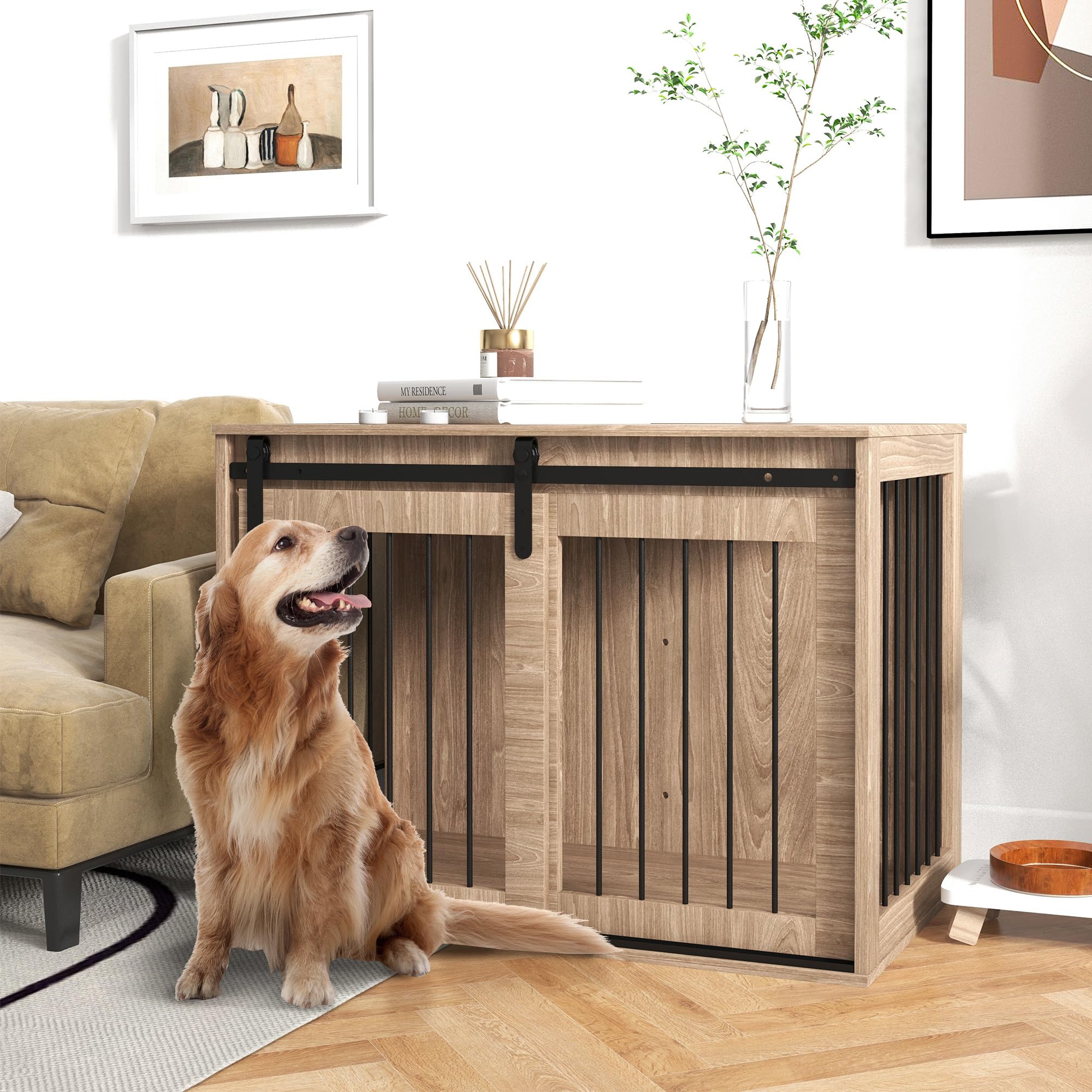 PawHut Casetta per Cani Grandi in Legno per Interno, Kennel per Cani Multiuso con Porta Scorrevole, 98x58x61 cm, Marrone