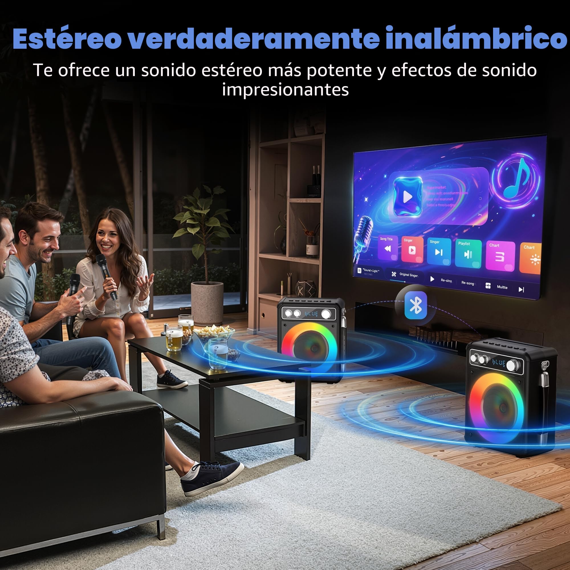 Ankuka Karaoke, Karaoke 2 Microfonos Inalambricos, 15W Sistema PA para Adultos y Niños con Luces LED, Soporta TWS/Rec/FM/AUX/USB/TF para Fiesta en Casa