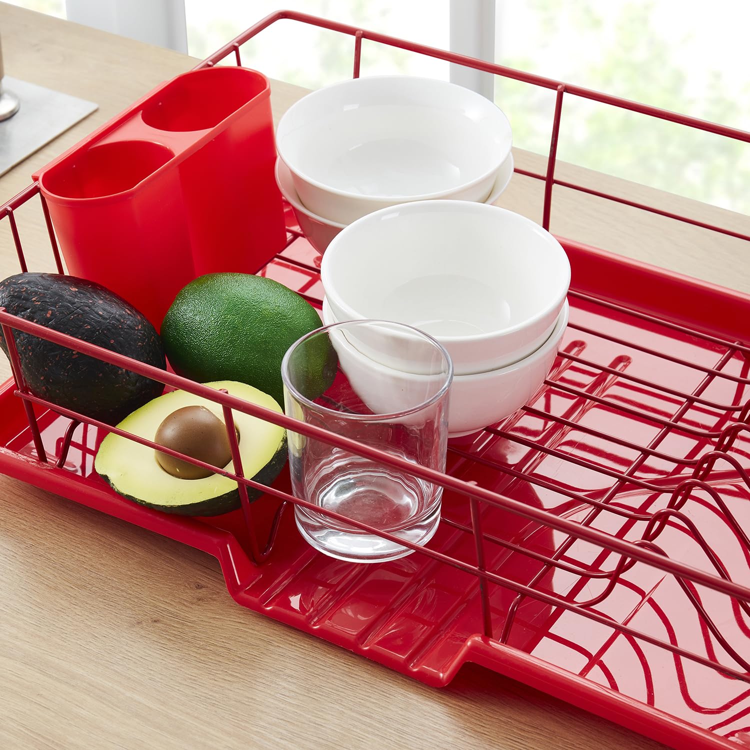 Sweet Home Collection Secado y Almacenamiento: Incluye Soporte para Cubiertos y escurridor, maximiza el Espacio de la encimera, plástico metálico, Rojo Brillante
