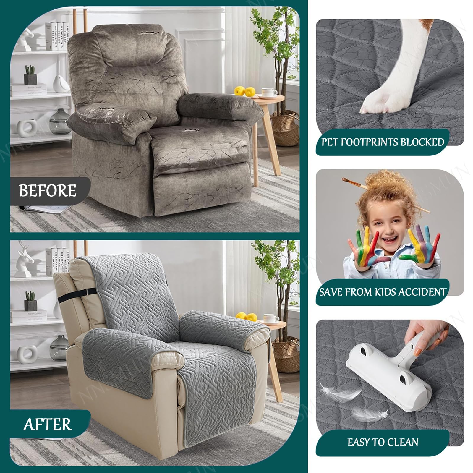 Funda para Reposabrazos De Sofá Funda De Sillón Reclinable Funda Cubre Sofá Funda para Sillón, Protector Sofá Acolchado para Mascotas Y ManchasAnti-Sucio (Gris,55x200CM)