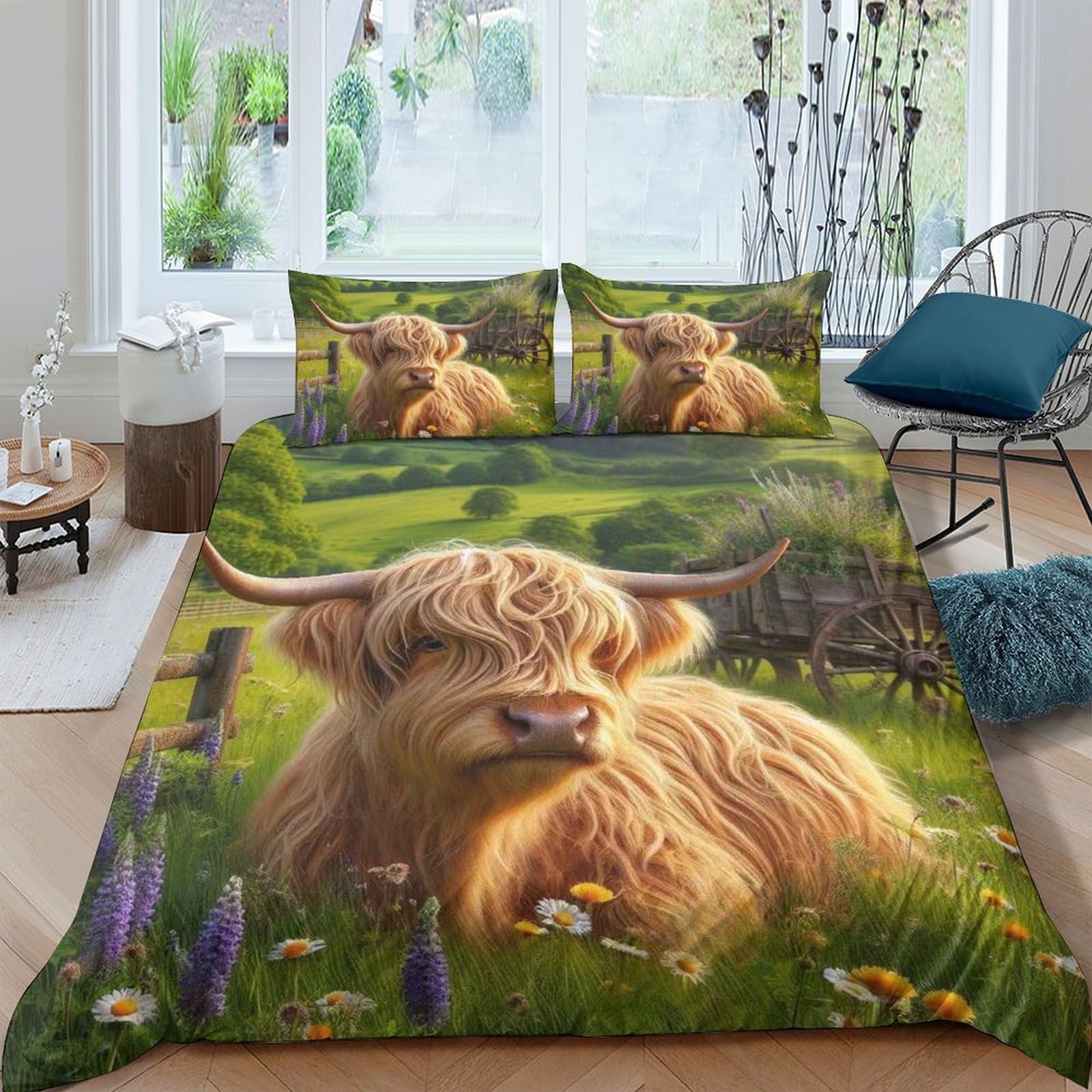 Ctjqhvkz Style-1 3D Printed Highland Cow Fitted Sheet Microfiber Soft Anti-Slip Pastoral Bed Cover For Bedroom Decor Mattress Protection Single（135X200cm）